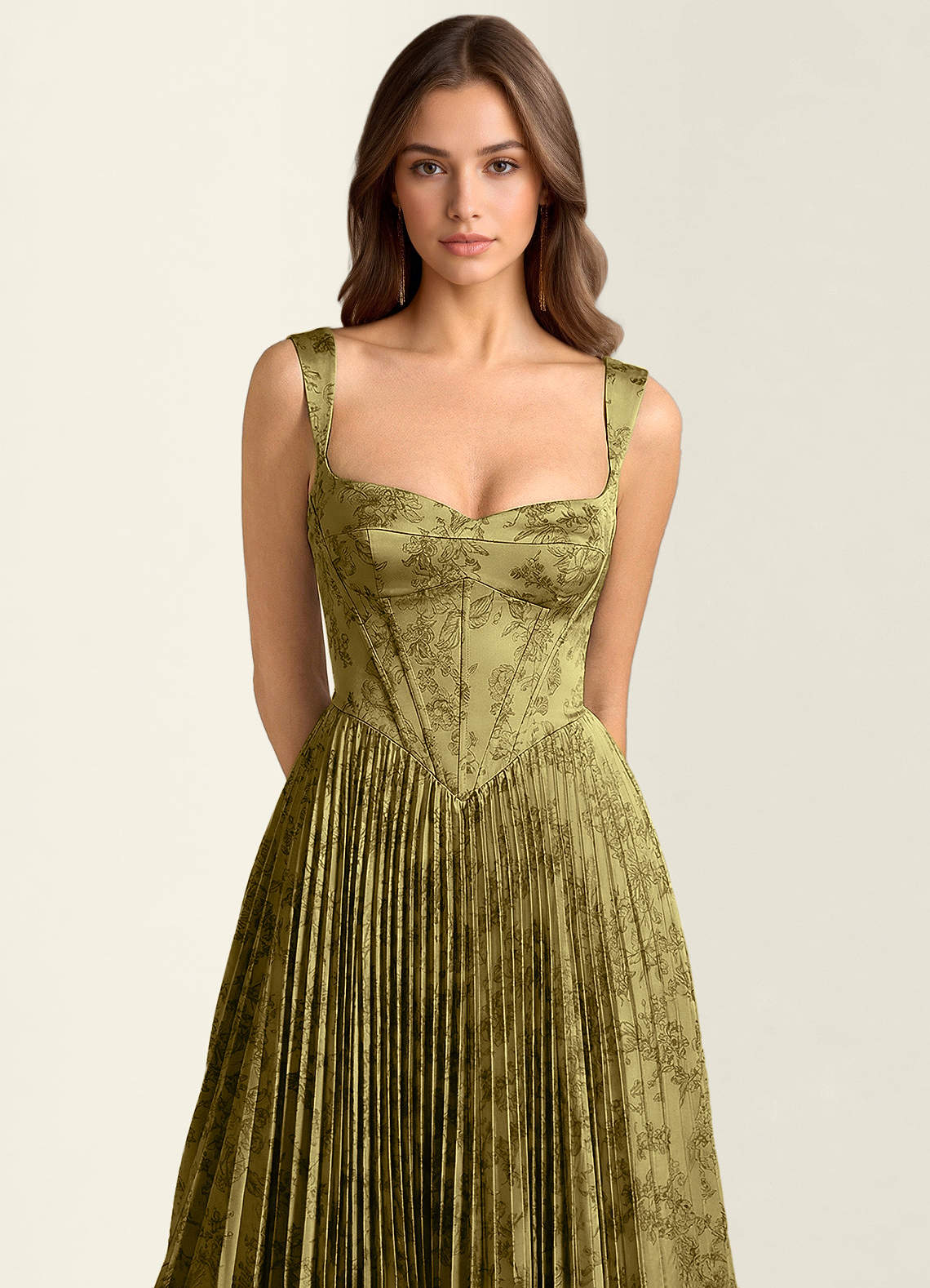 Simone A-Line Corset Floral Jacquard Prom Dress in Moss Brown