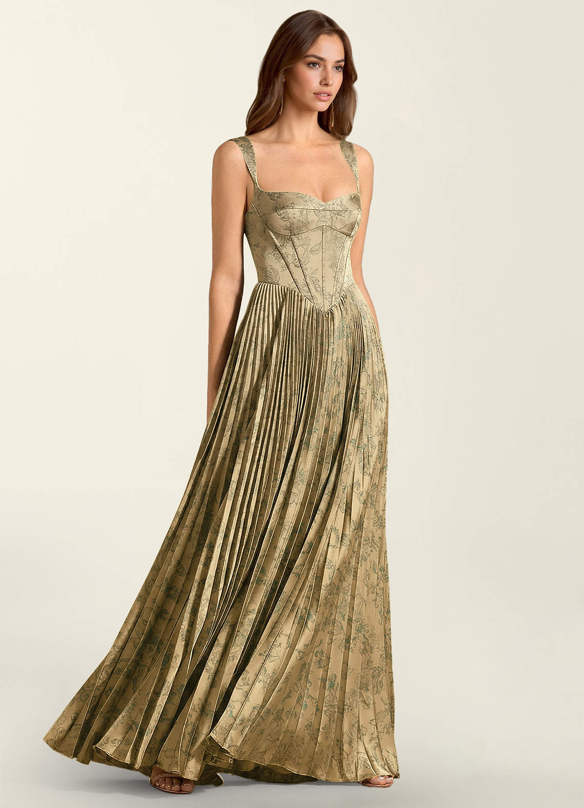 Simone A-Line Corset Floral Jacquard Prom Dress in Green Brown