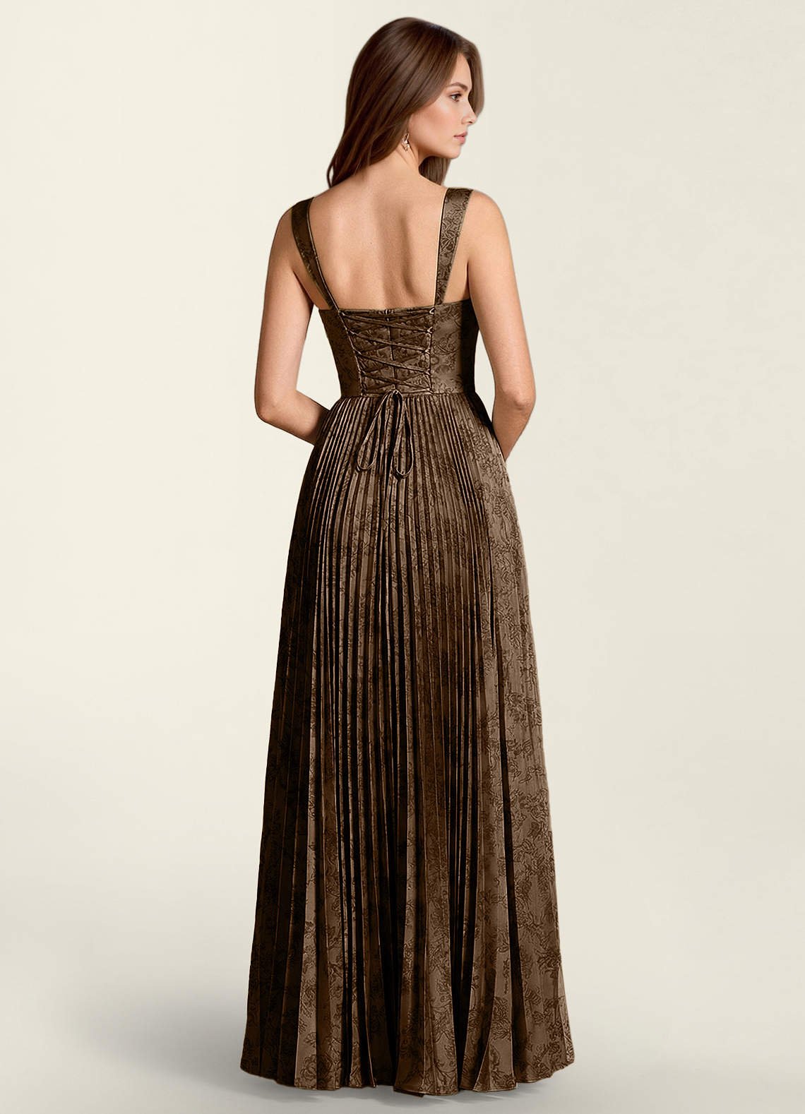 Simone A-Line Corset Floral Jacquard Prom Dress in Coffee Brown