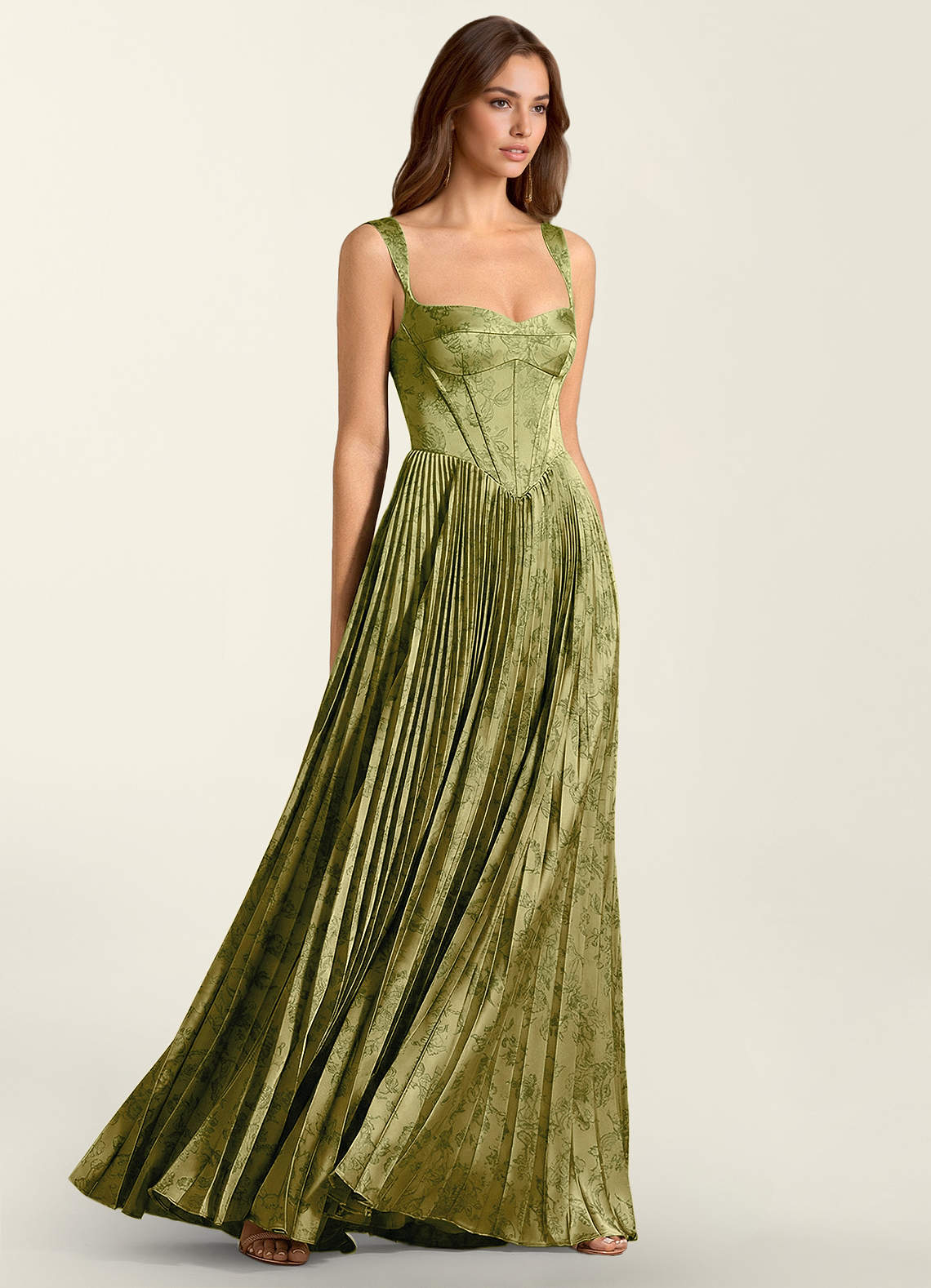 Simone A-Line Corset Floral Jacquard Prom Dress in Moss Navy