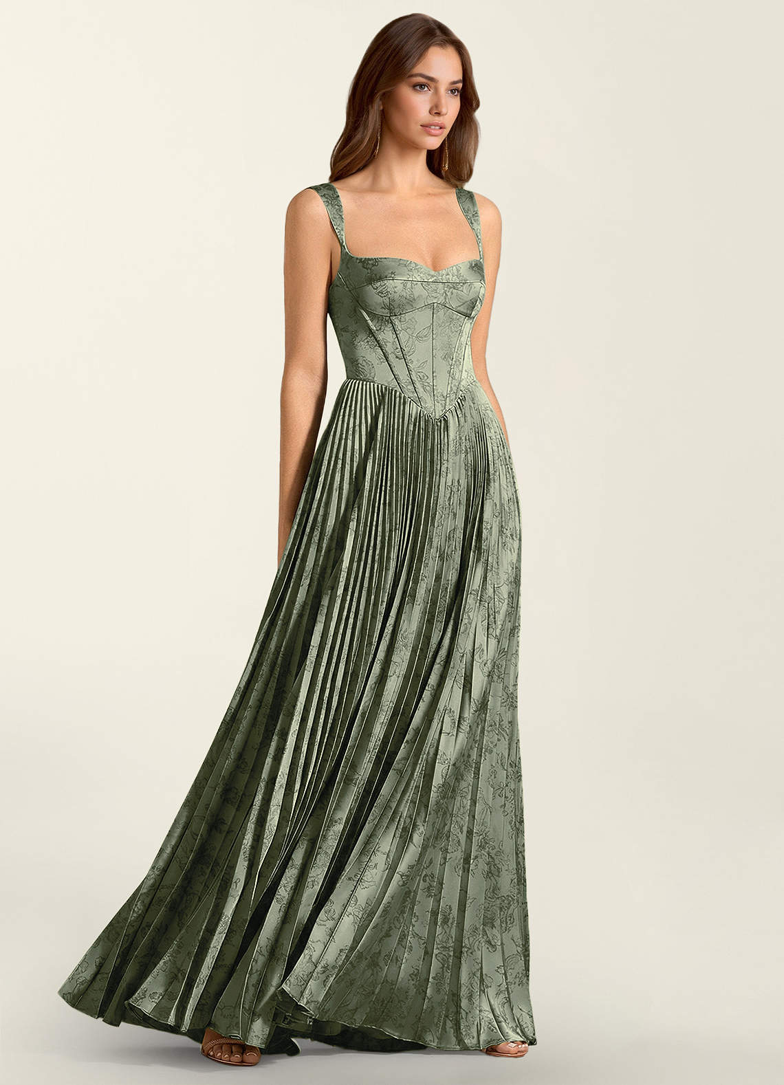 Simone A-Line Corset Floral Jacquard Prom Dress in Sage Blue