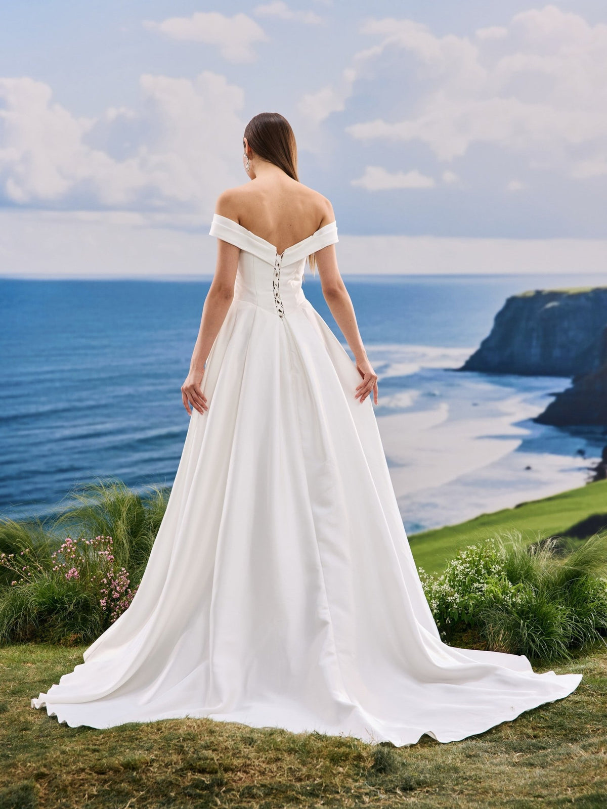 Sorelle satin wedding dress - back view