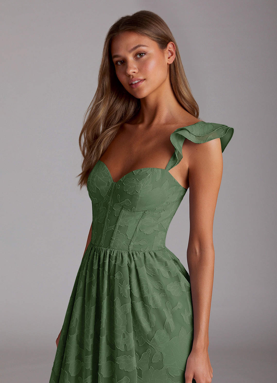 Sorina A-Line Ruffled Floral Burnout Prom Dress in eucalyptus