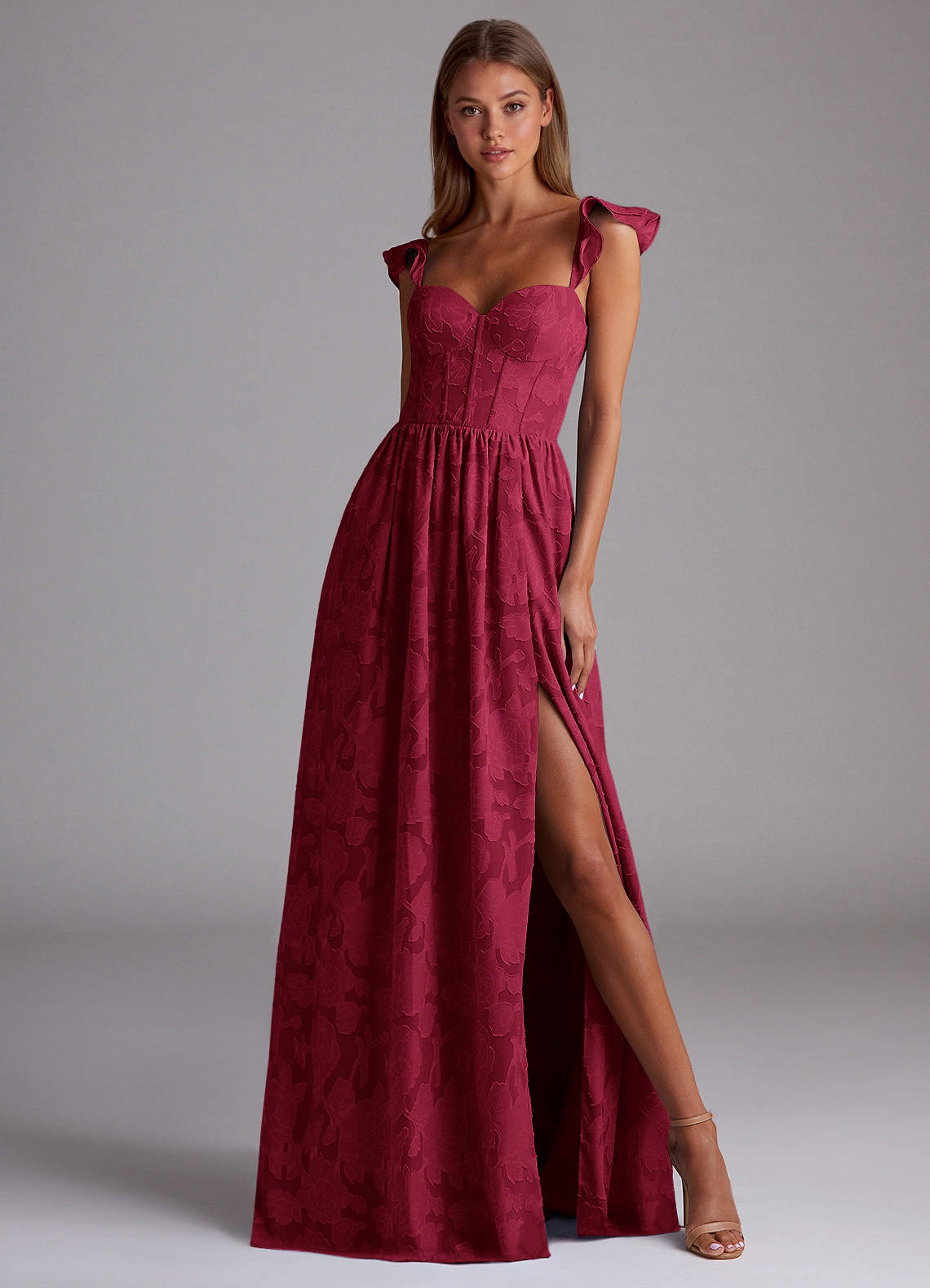 Sorina A-Line Ruffled Floral Burnout Prom Dress in Merlot