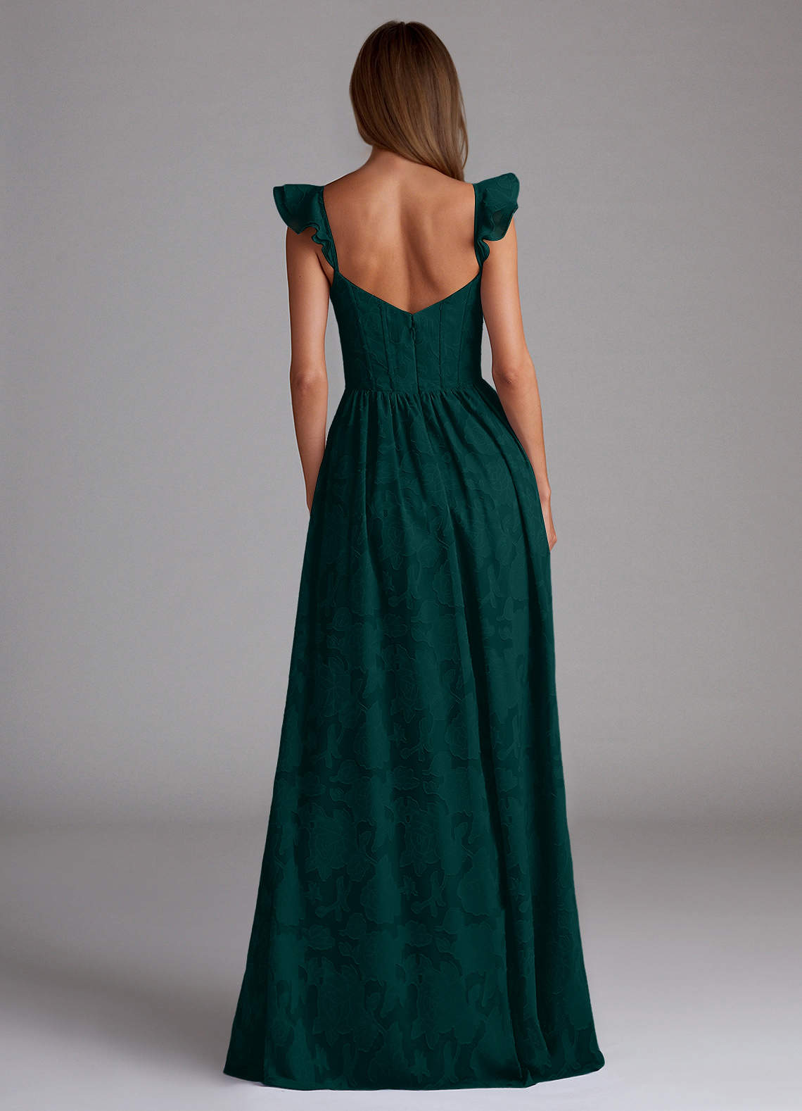 Sorina A-Line Ruffled Floral Burnout Prom Dress in Forest Green