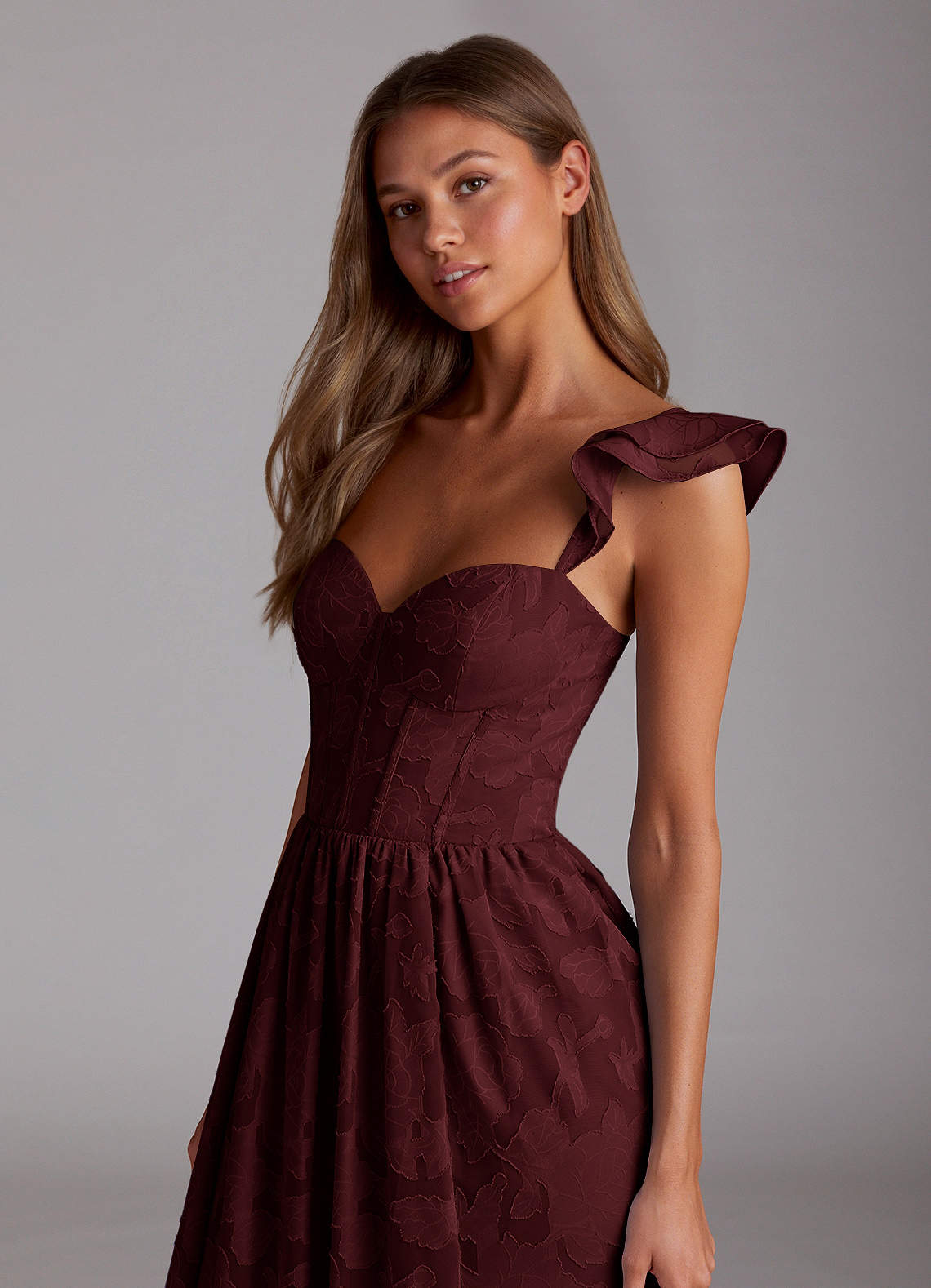 Sorina A-Line Ruffled Floral Burnout Prom Dress in Wine