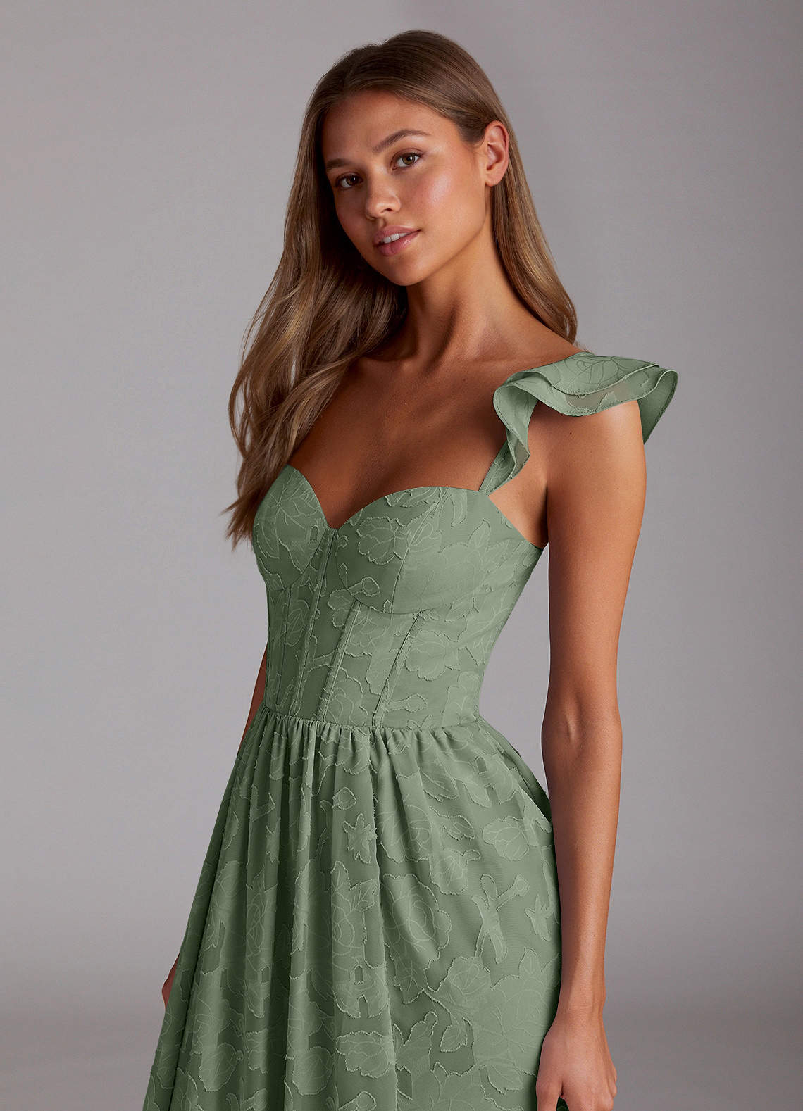 Sorina A-Line Ruffled Floral Burnout Prom Dress in Aloe Green