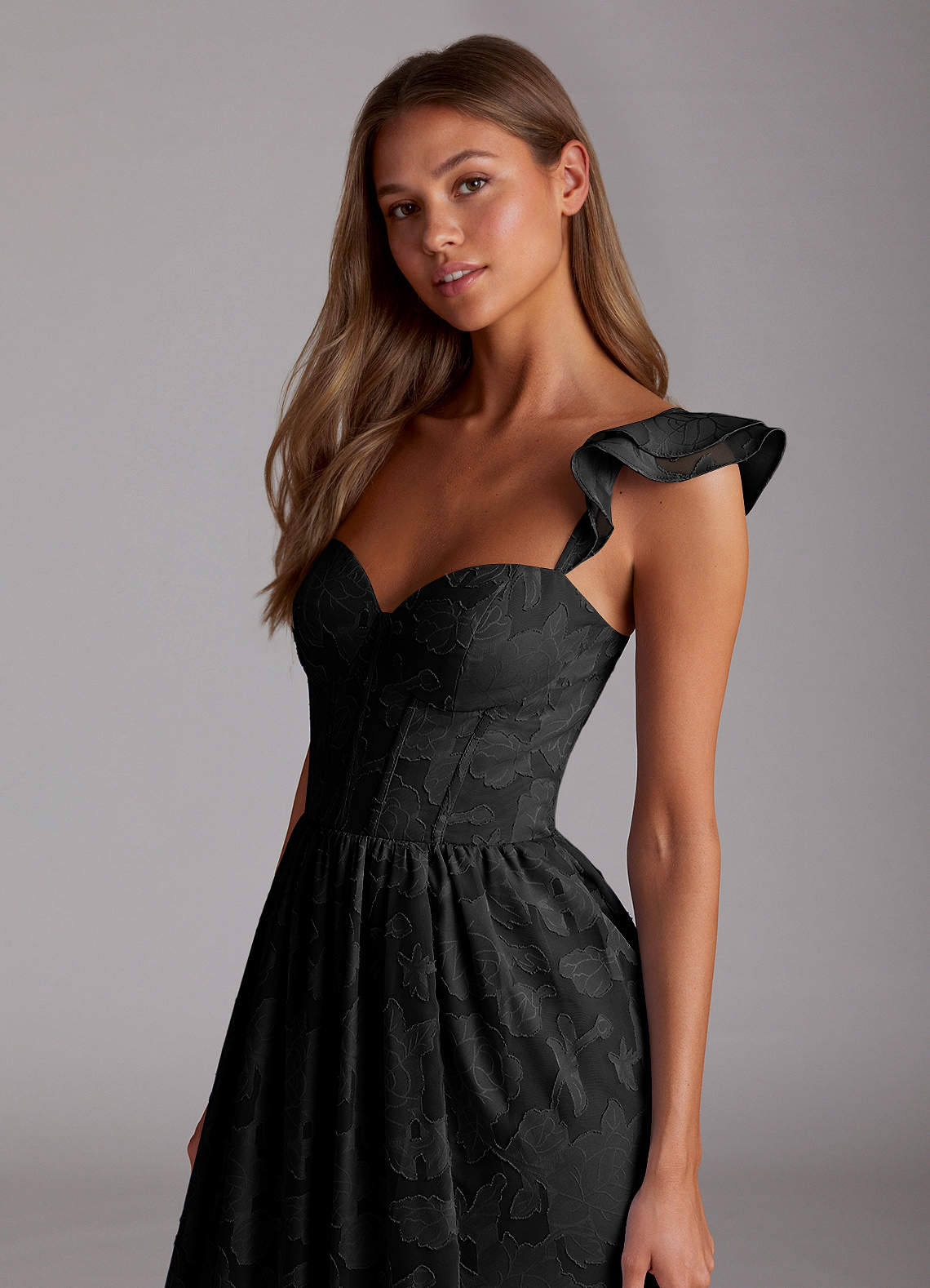 Sorina A-Line Ruffled Floral Burnout Prom Dress in black