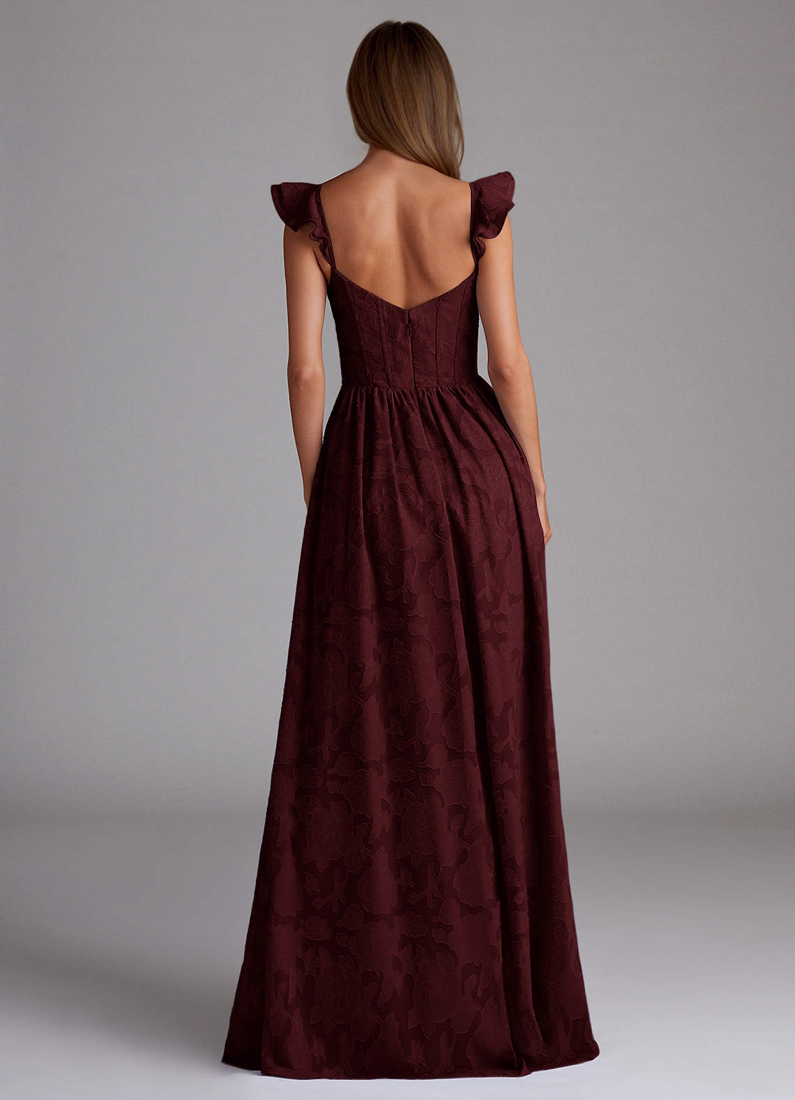 Sorina A-Line Ruffled Floral Burnout Prom Dress in Wine