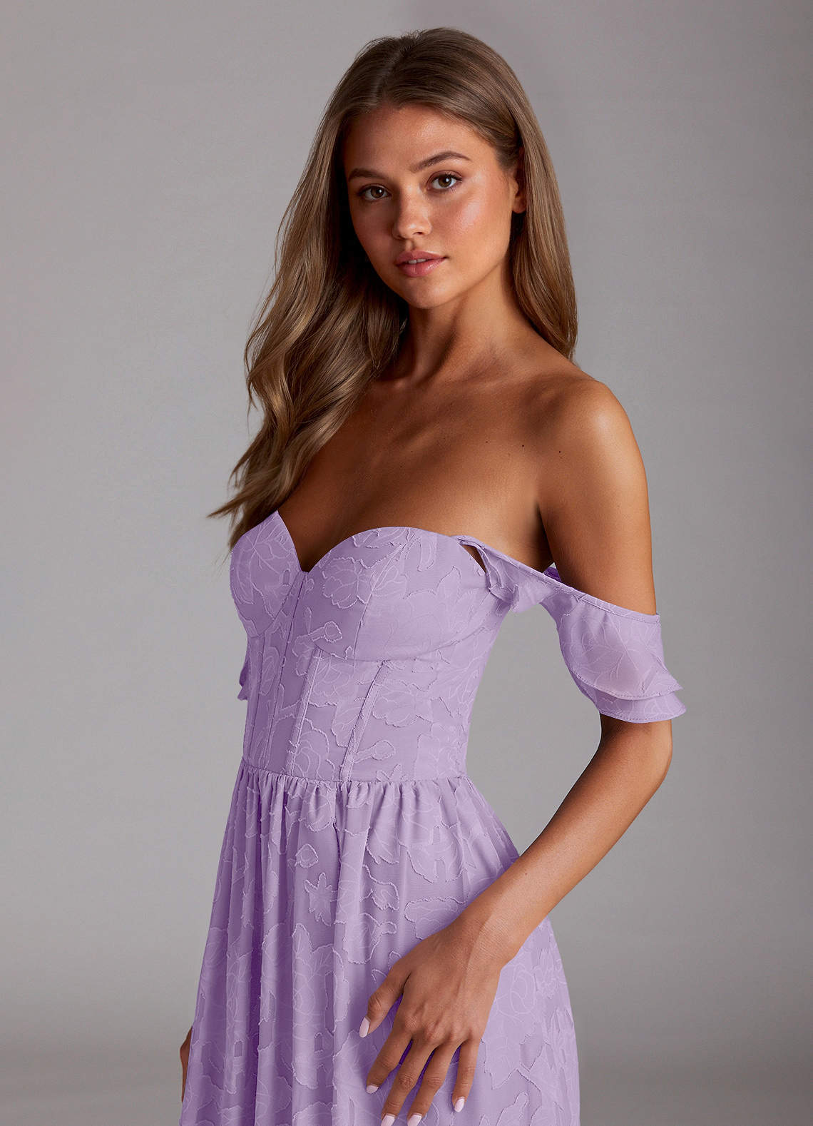 Sorina A-Line Ruffled Floral Burnout Prom Dress in Lilac
