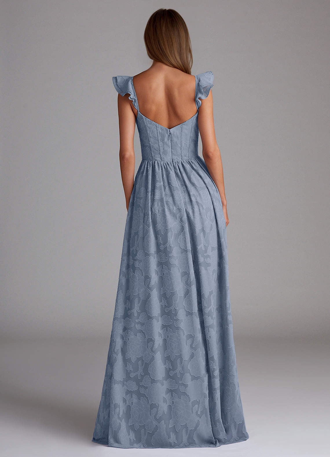 Sorina A-Line Ruffled Floral Burnout Prom Dress in Powder Blue