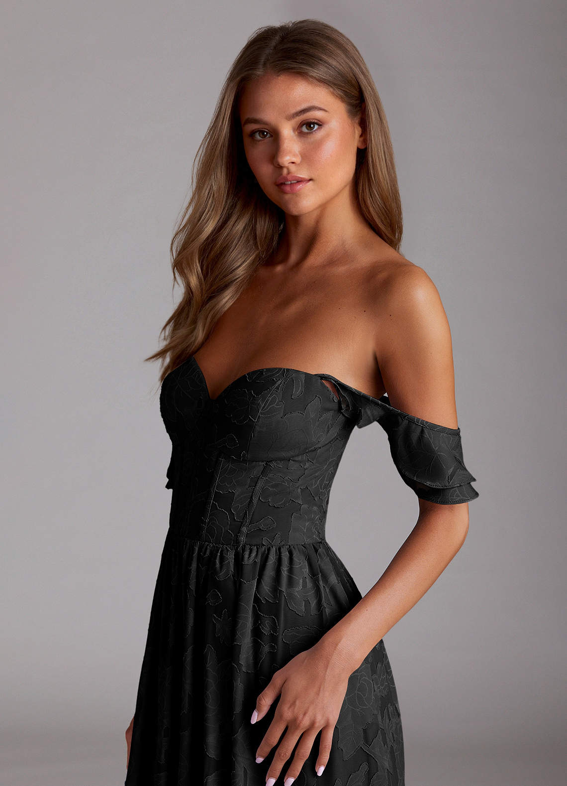 Sorina A-Line Ruffled Floral Burnout Prom Dress in black