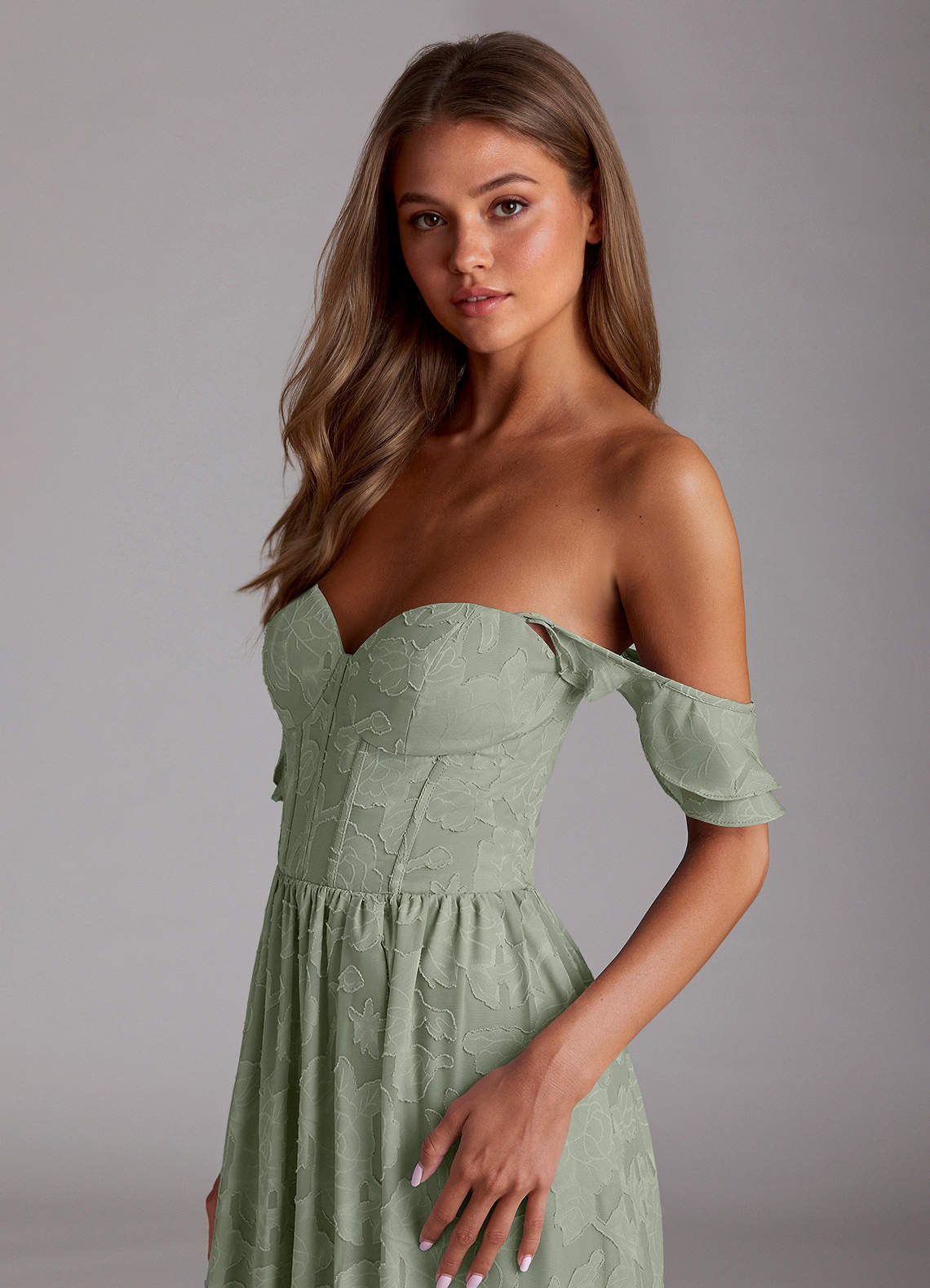Sorina A-Line Ruffled Floral Burnout Prom Dress in Pistachio