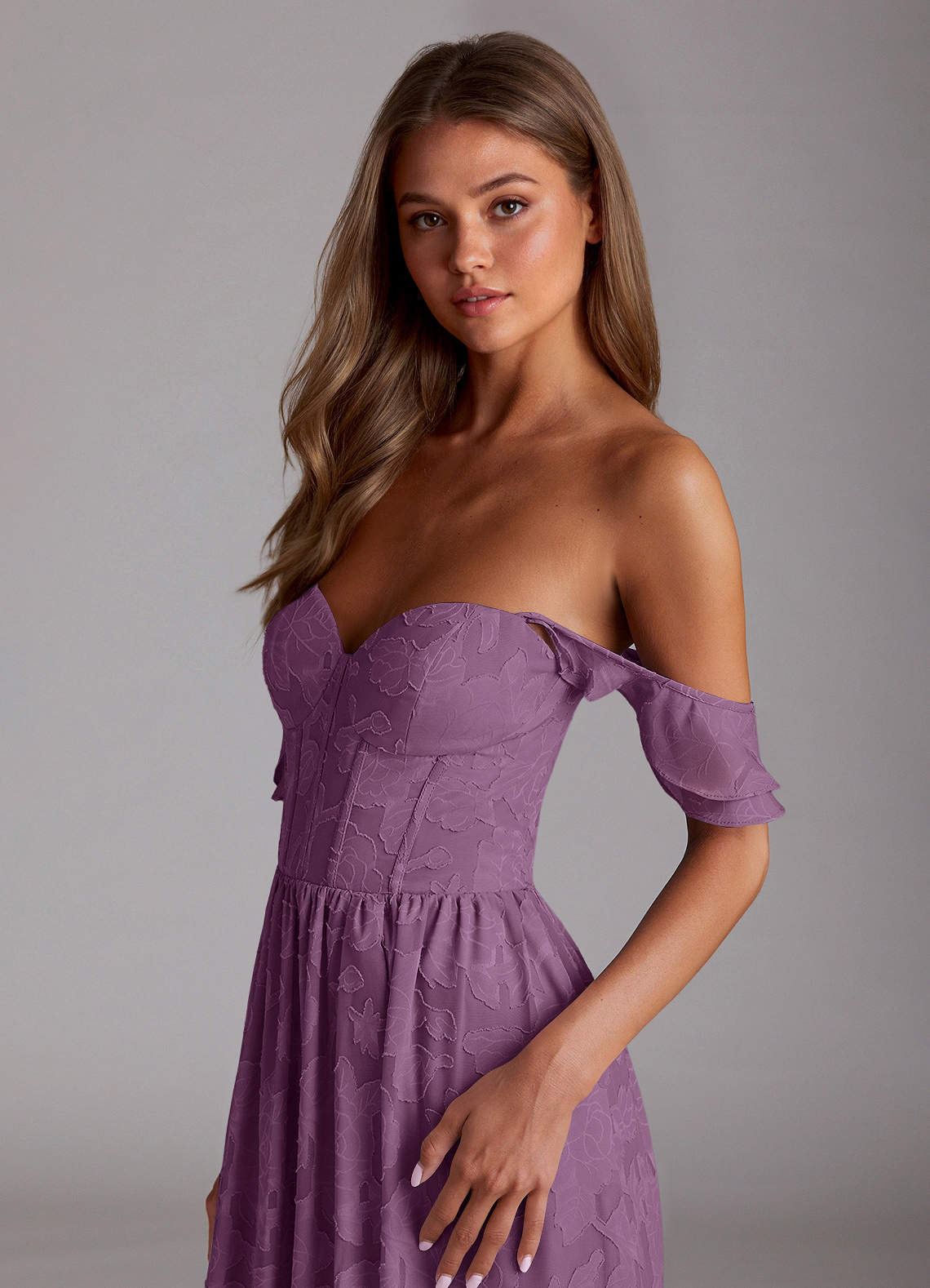 Sorina A-Line Ruffled Floral Burnout Prom Dress in Wisteria