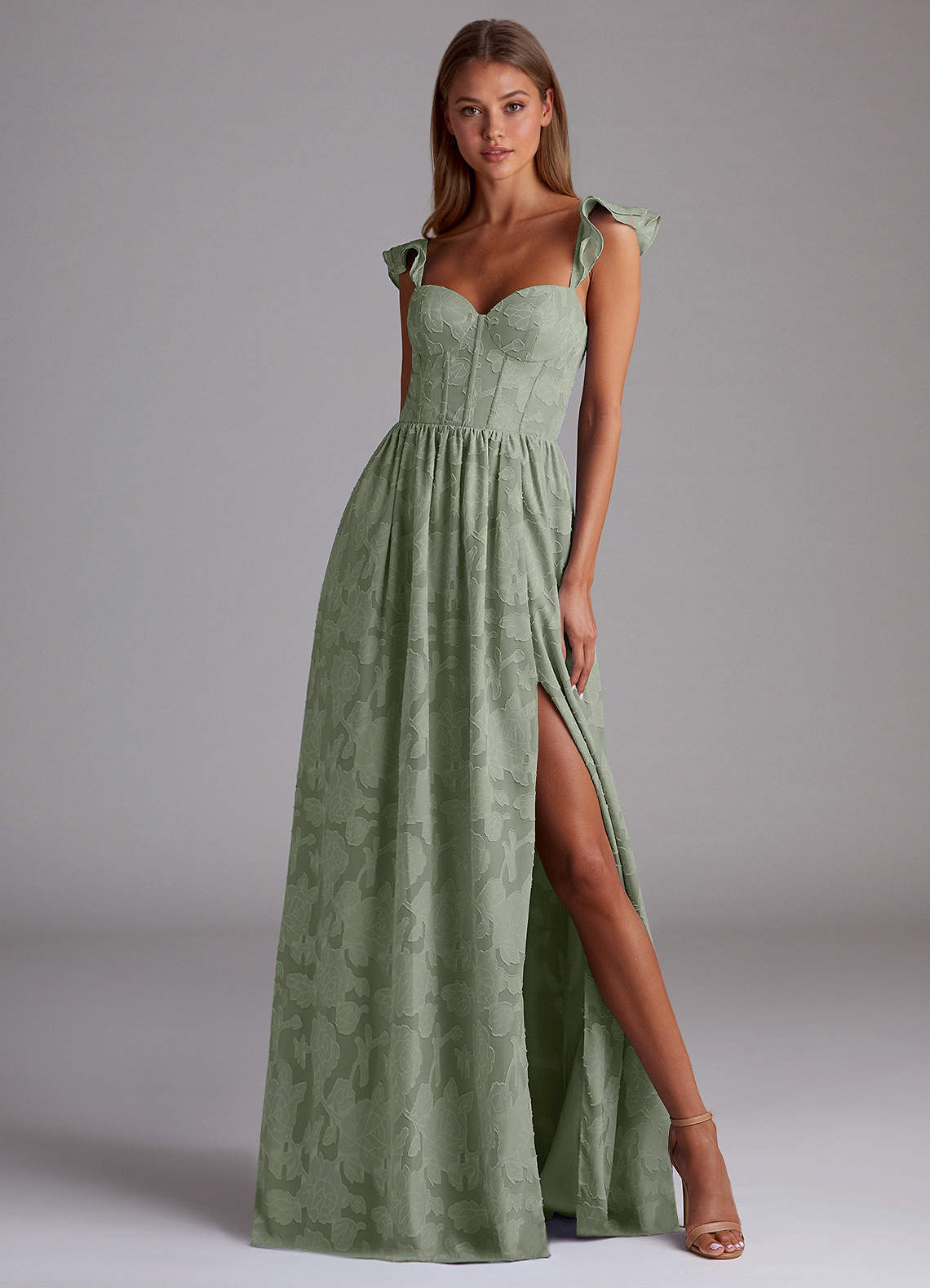 Sorina A-Line Ruffled Floral Burnout Prom Dress in Dusty Pink