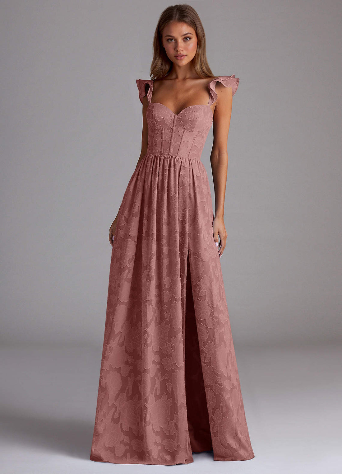 Sorina A-Line Ruffled Floral Burnout Prom Dress in Dusty Pink