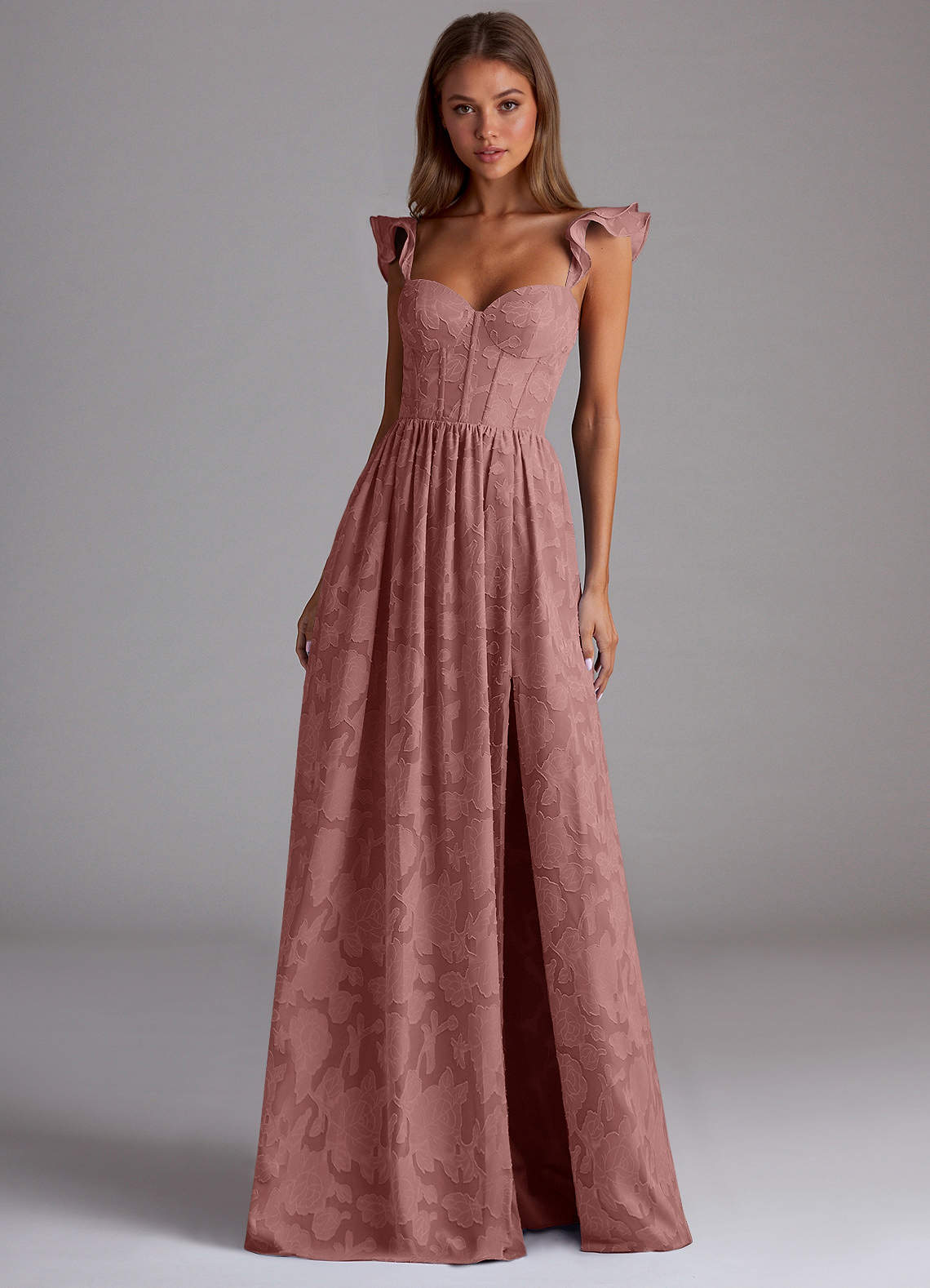Sorina A-Line Ruffled Floral Burnout Prom Dress in Dusty Pink