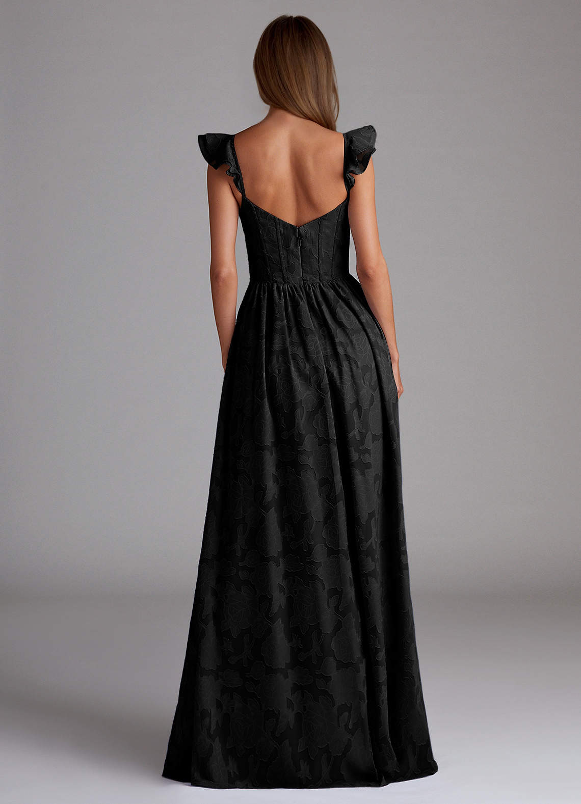 Sorina A-Line Ruffled Floral Burnout Prom Dress in black