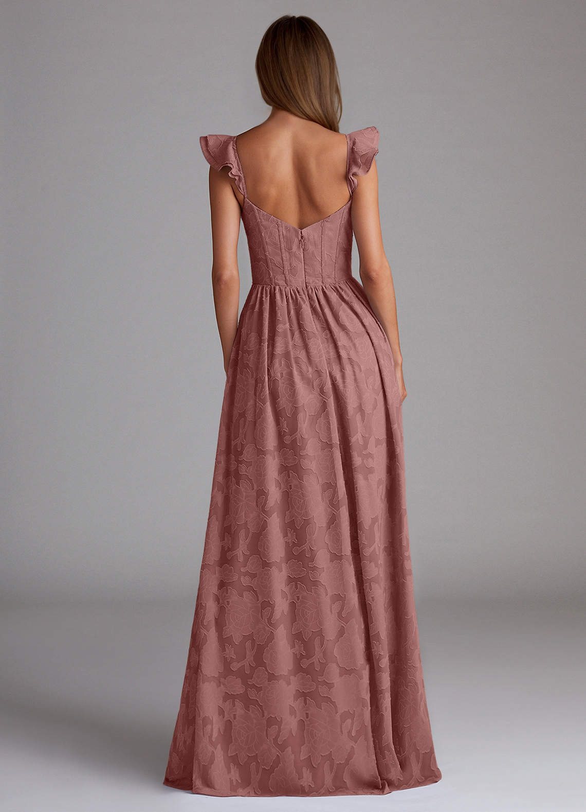Sorina A-Line Ruffled Floral Burnout Prom Dress in Dusty Pink