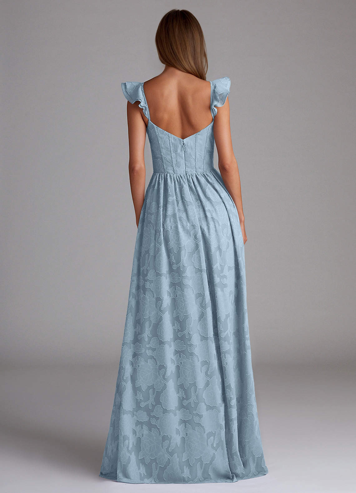 Sorina A-Line Ruffled Floral Burnout Prom Dress in Sky Blue