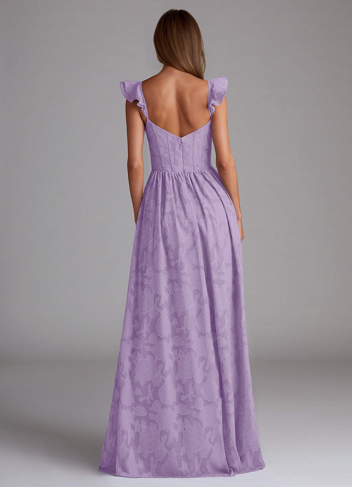 Sorina A-Line Ruffled Floral Burnout Prom Dress in Lilac