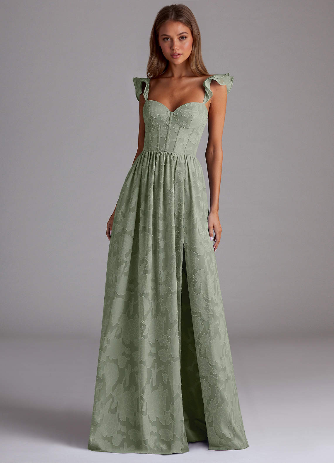 Sorina A-Line Ruffled Floral Burnout Prom Dress in Pistachio
