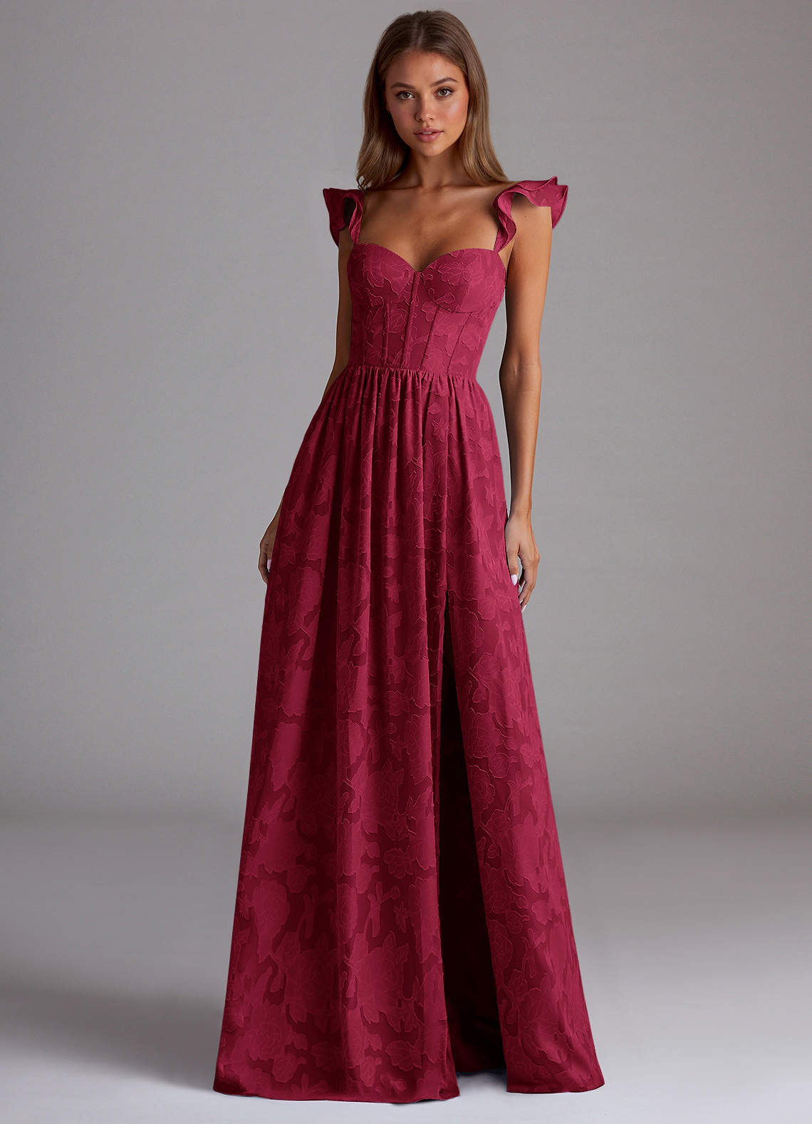 Sorina A-Line Ruffled Floral Burnout Prom Dress in Dusty Pink