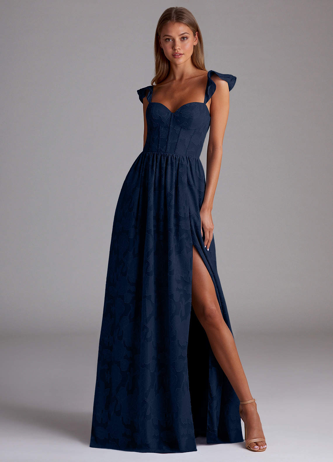 Sorina A-Line Ruffled Floral Burnout Prom Dress in Navy
