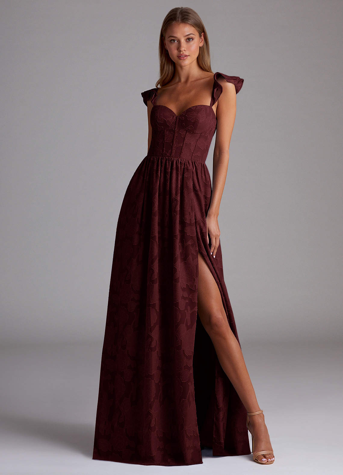 Sorina A-Line Ruffled Floral Burnout Prom Dress in Wine