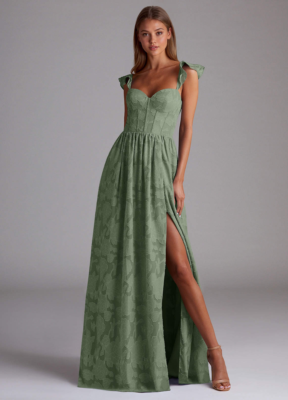Sorina A-Line Ruffled Floral Burnout Prom Dress in Aloe Green