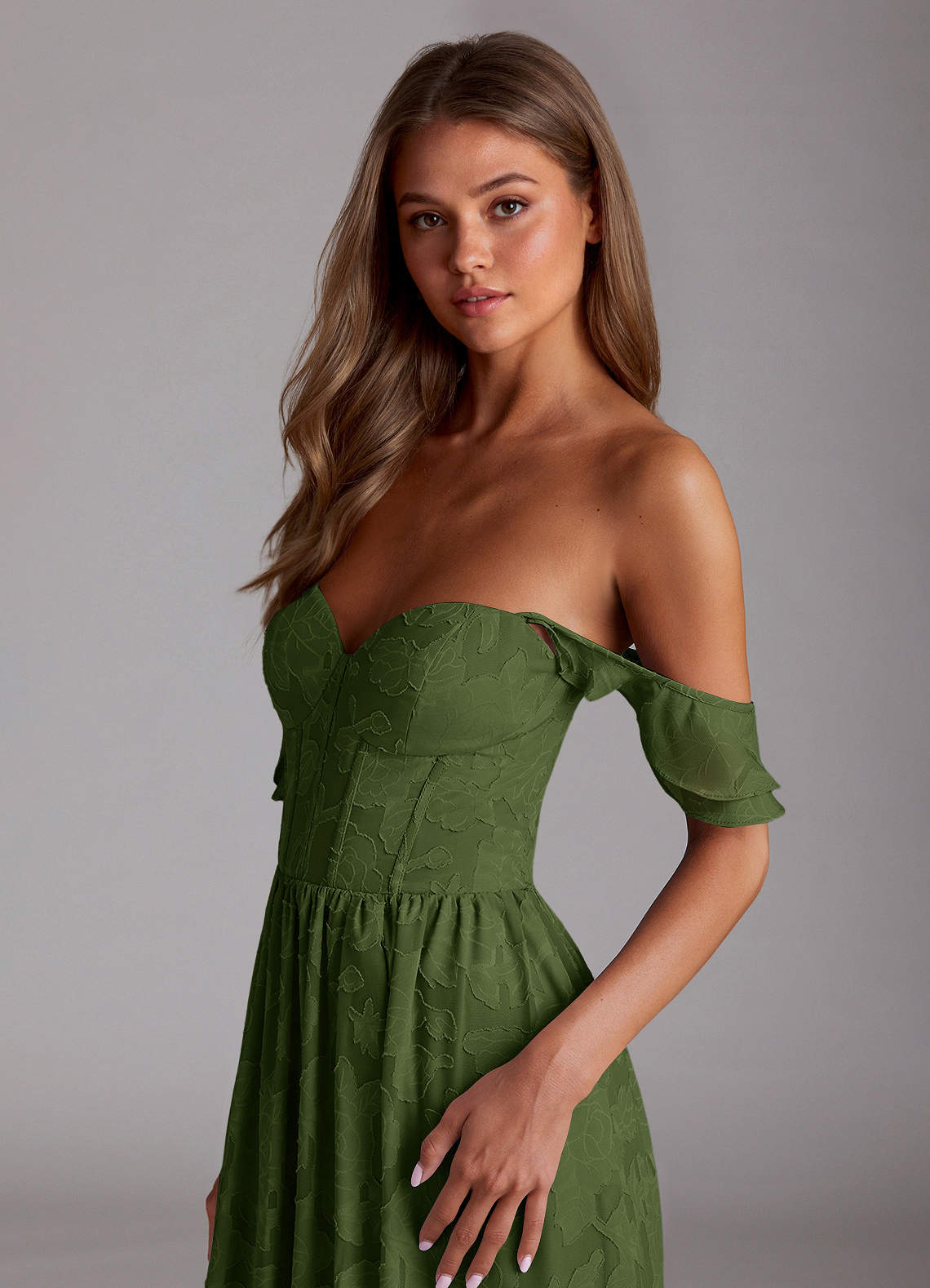 Sorina A-Line Ruffled Floral Burnout Prom Dress in Olive