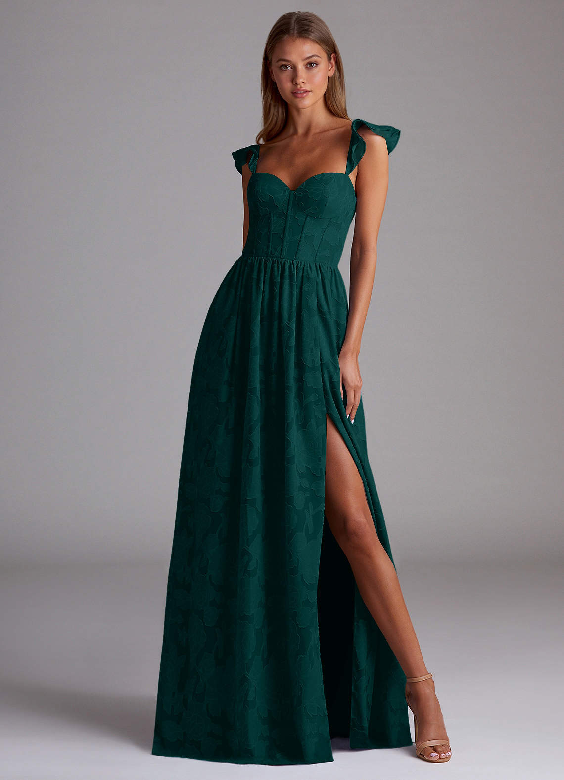 Sorina A-Line Ruffled Floral Burnout Prom Dress in Forest Green