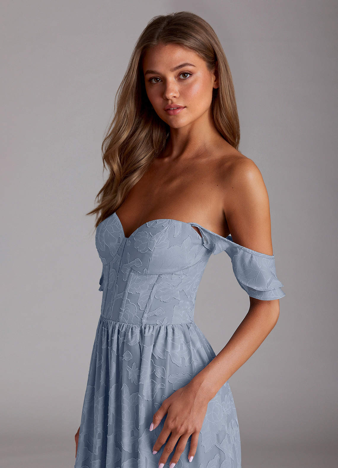 Sorina A-Line Ruffled Floral Burnout Prom Dress in Powder Blue