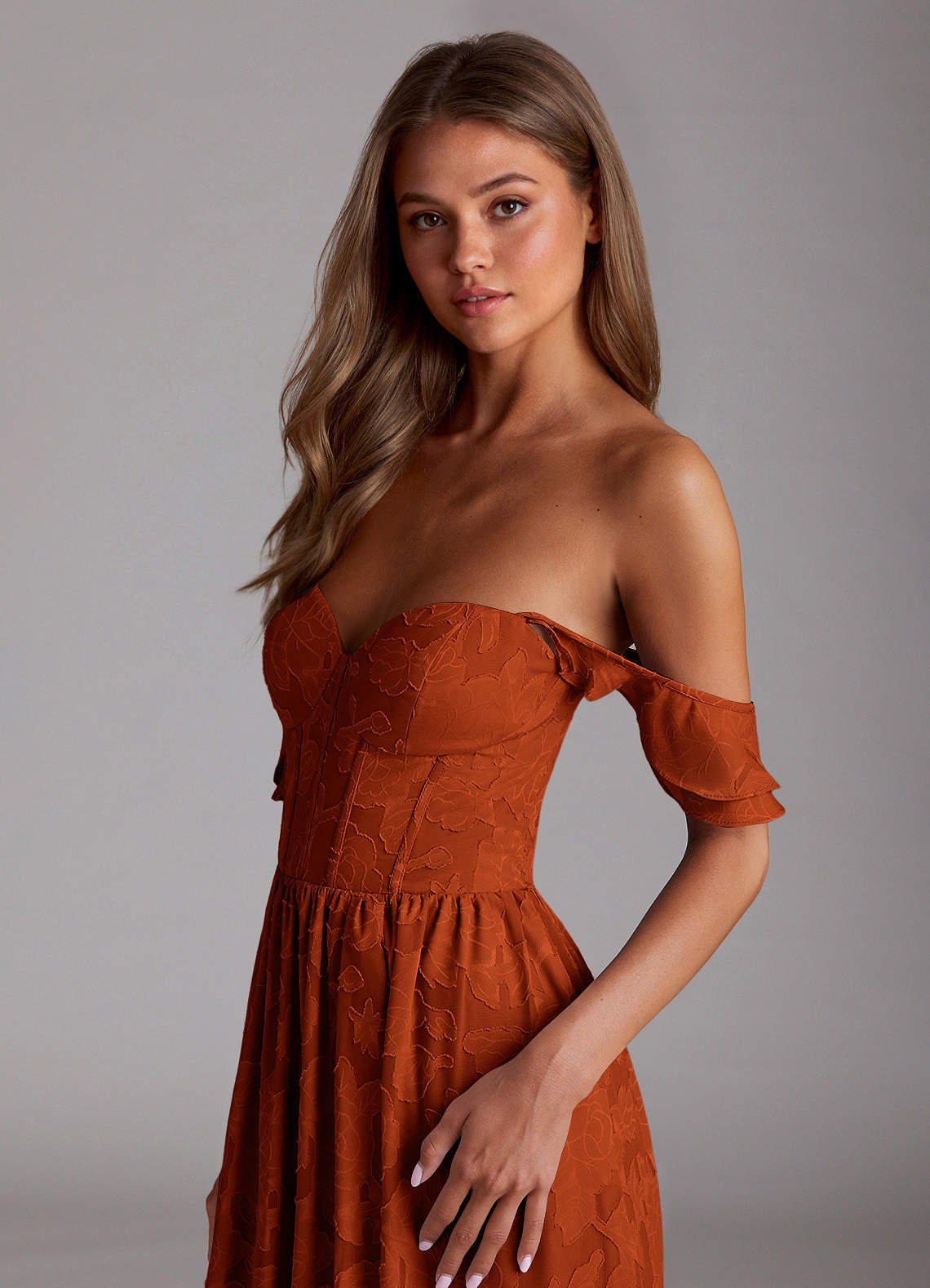 Sorina A-Line Ruffled Floral Burnout Prom Dress in Paprika