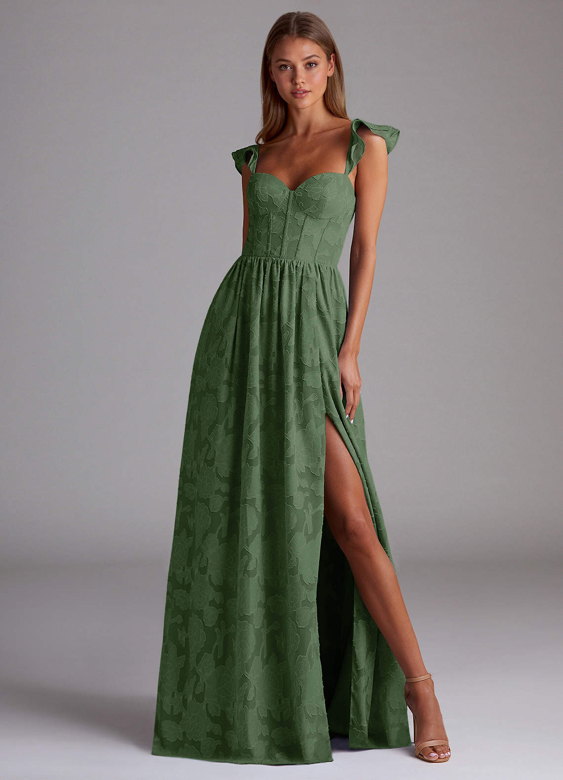Sorina A-Line Ruffled Floral Burnout Prom Dress in eucalyptus