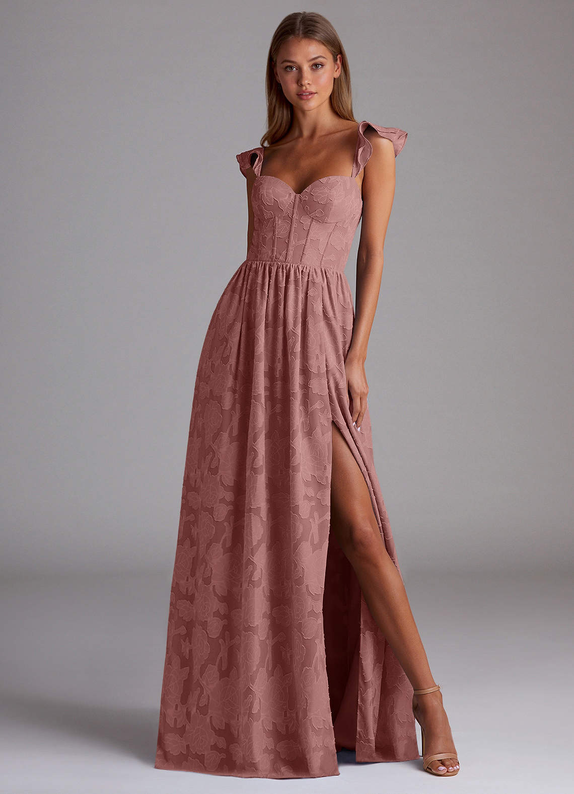 Sorina A-Line Ruffled Floral Burnout Prom Dress in Dusty Pink