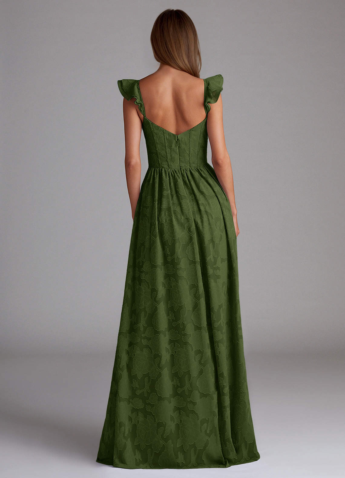 Sorina A-Line Ruffled Floral Burnout Prom Dress in Olive