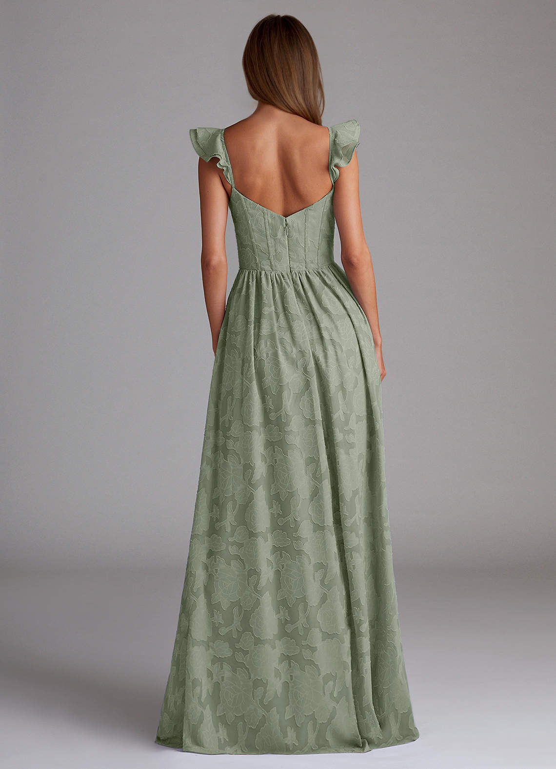Sorina A-Line Ruffled Floral Burnout Prom Dress in Pistachio