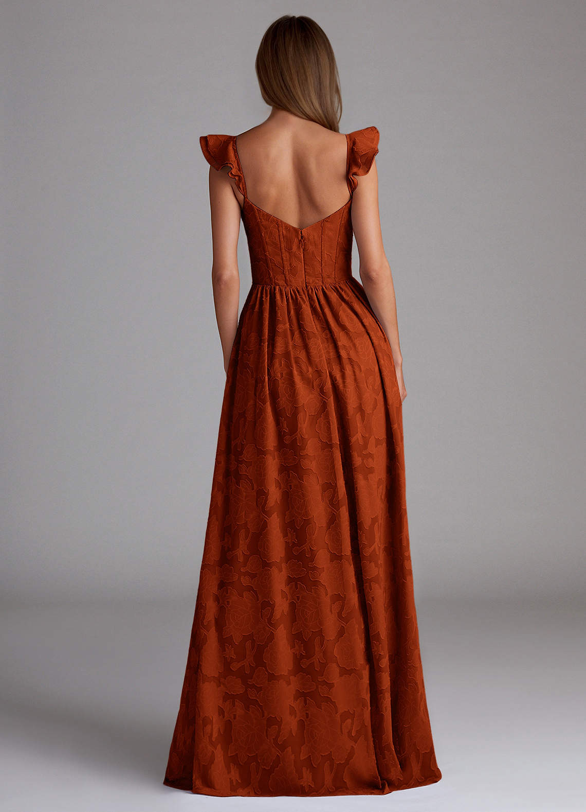 Sorina A-Line Ruffled Floral Burnout Prom Dress in Paprika