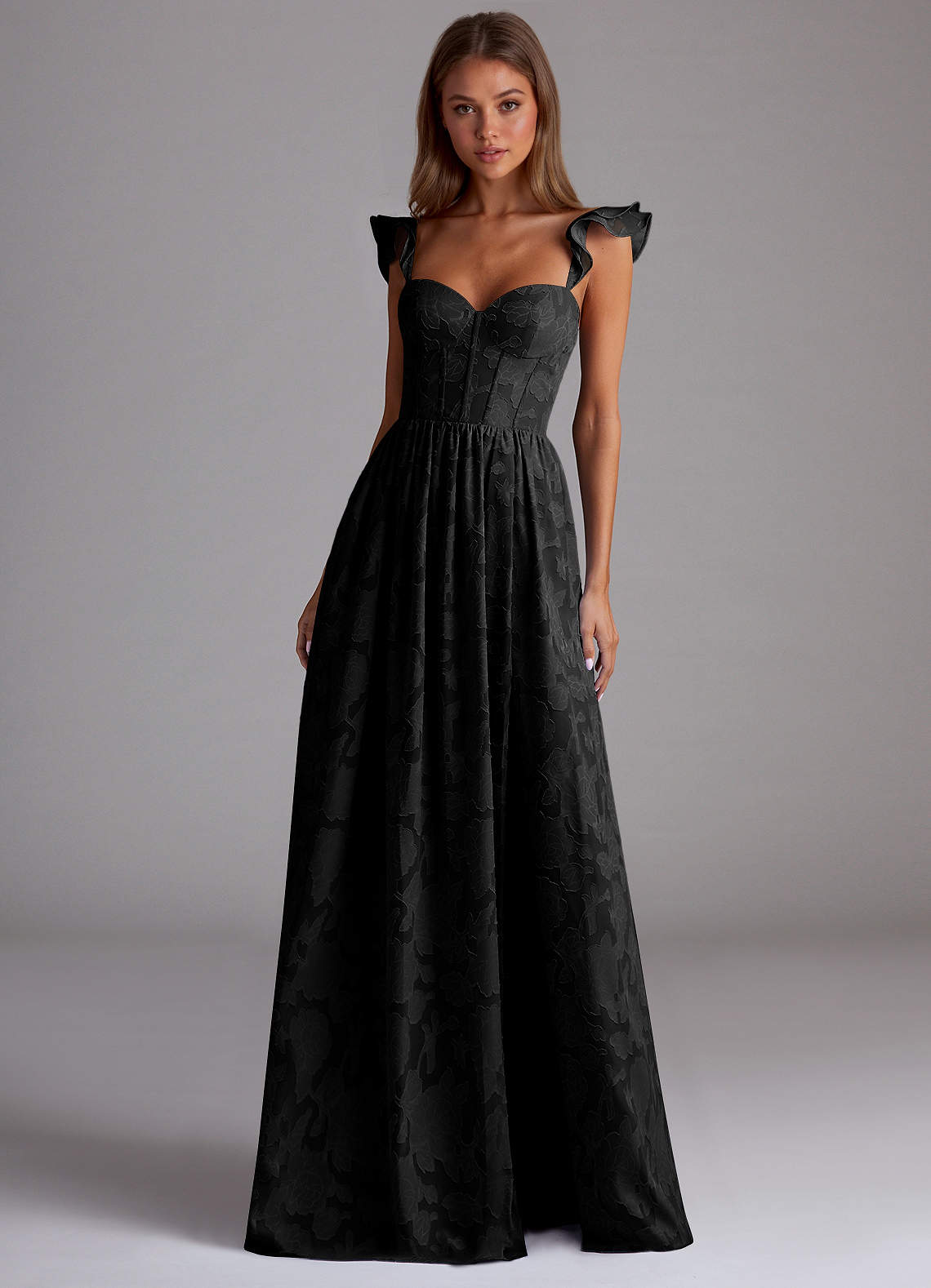 Sorina A-Line Ruffled Floral Burnout Prom Dress in black