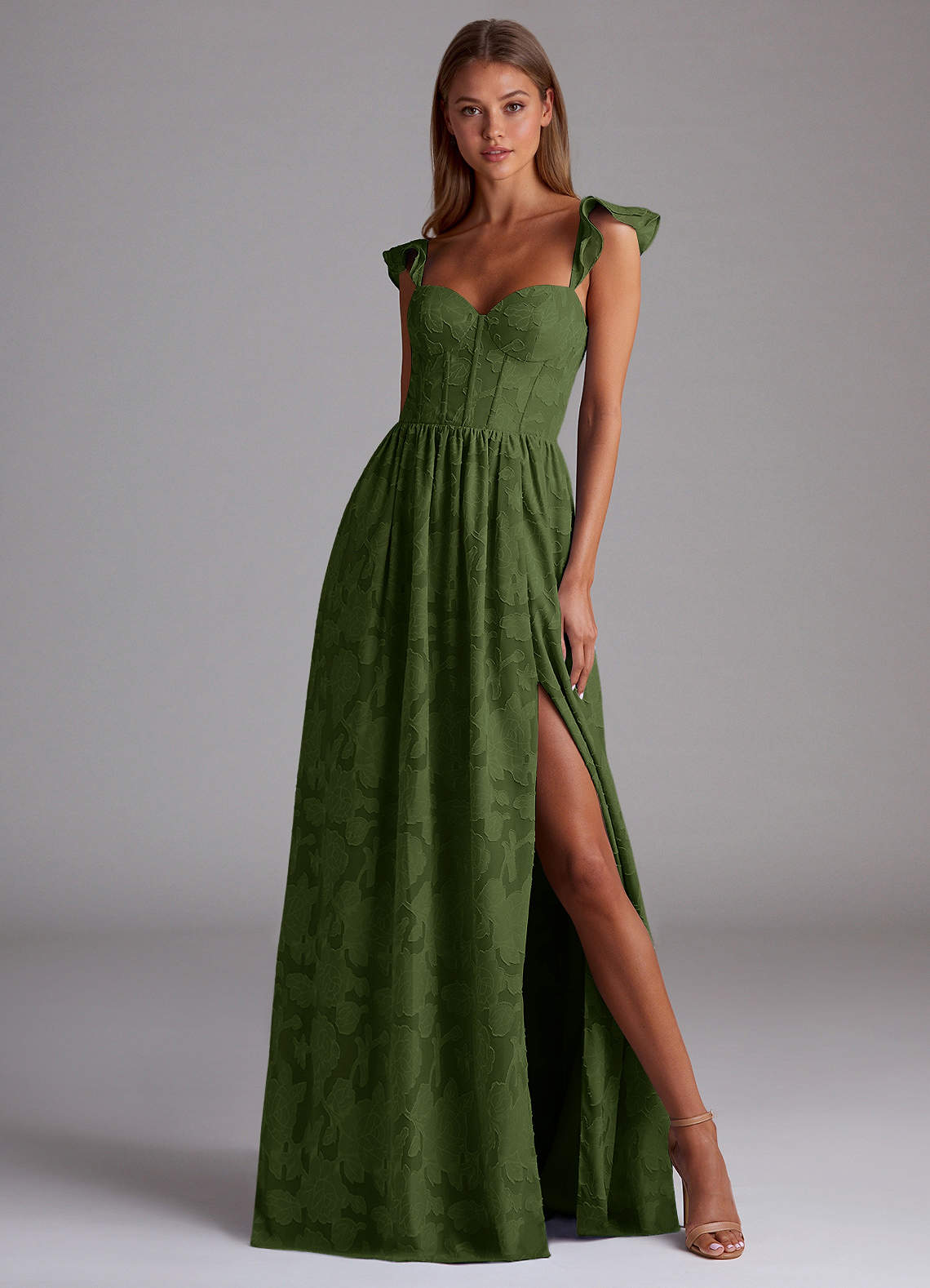 Sorina A-Line Ruffled Floral Burnout Prom Dress in Olive