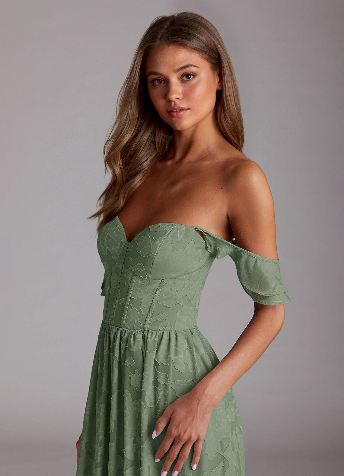 Sorina A-Line Ruffled Floral Burnout Prom Dress in Aloe Green