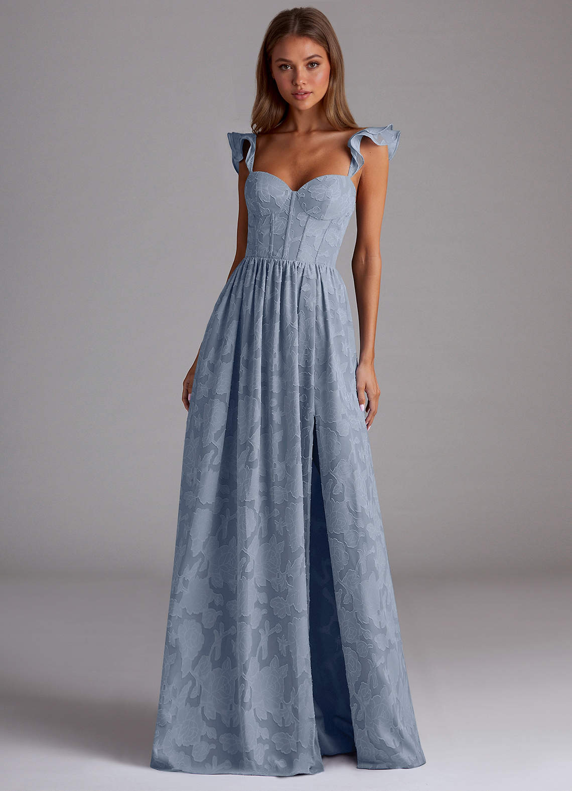 Sorina A-Line Ruffled Floral Burnout Prom Dress in Powder Blue
