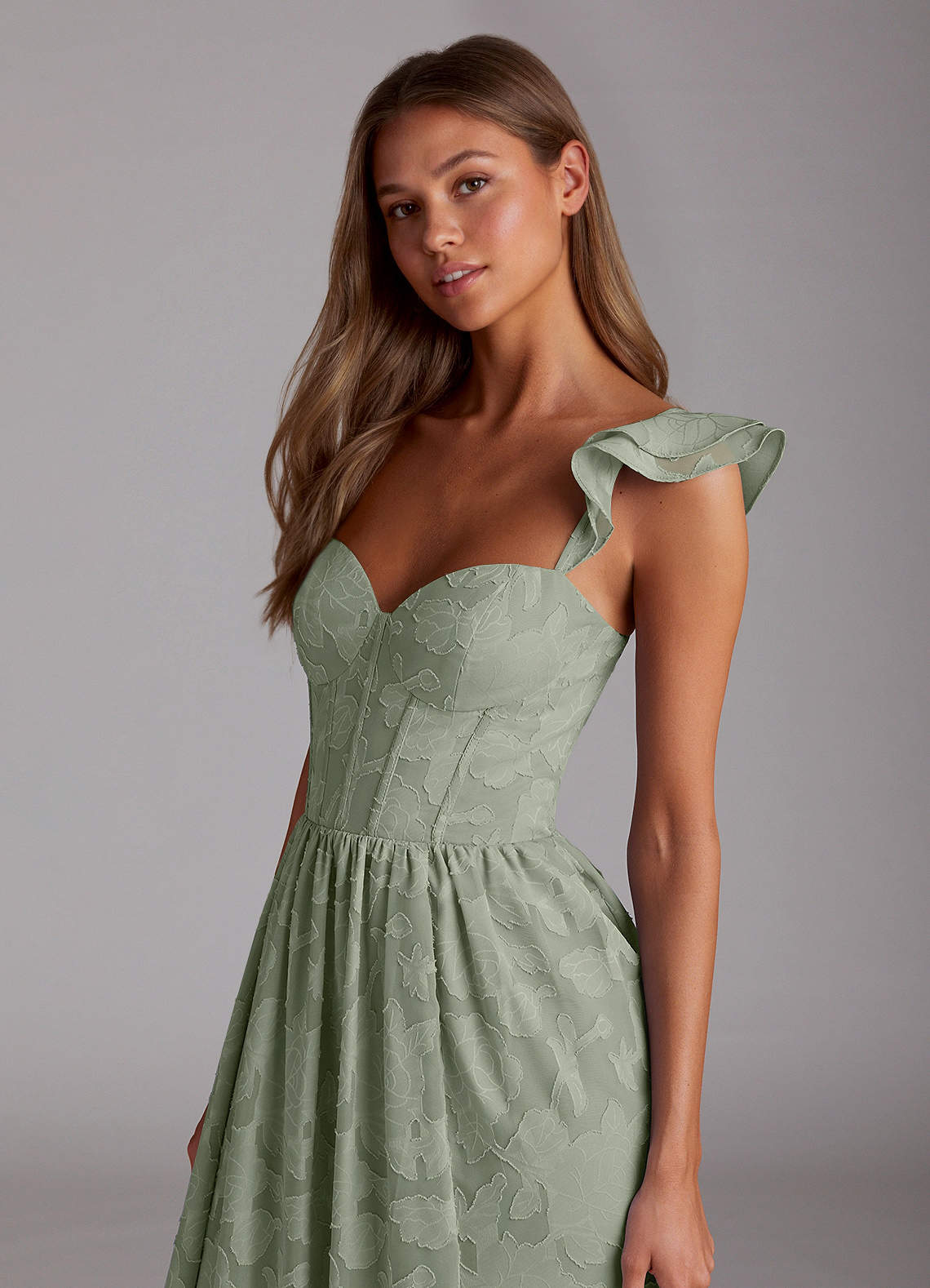 Sorina A-Line Ruffled Floral Burnout Prom Dress in Pistachio