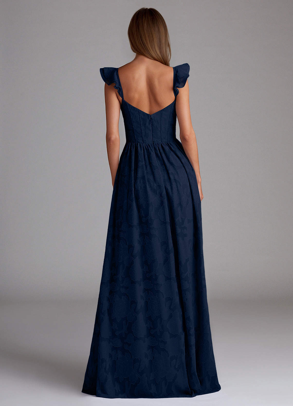Sorina A-Line Ruffled Floral Burnout Prom Dress in Navy