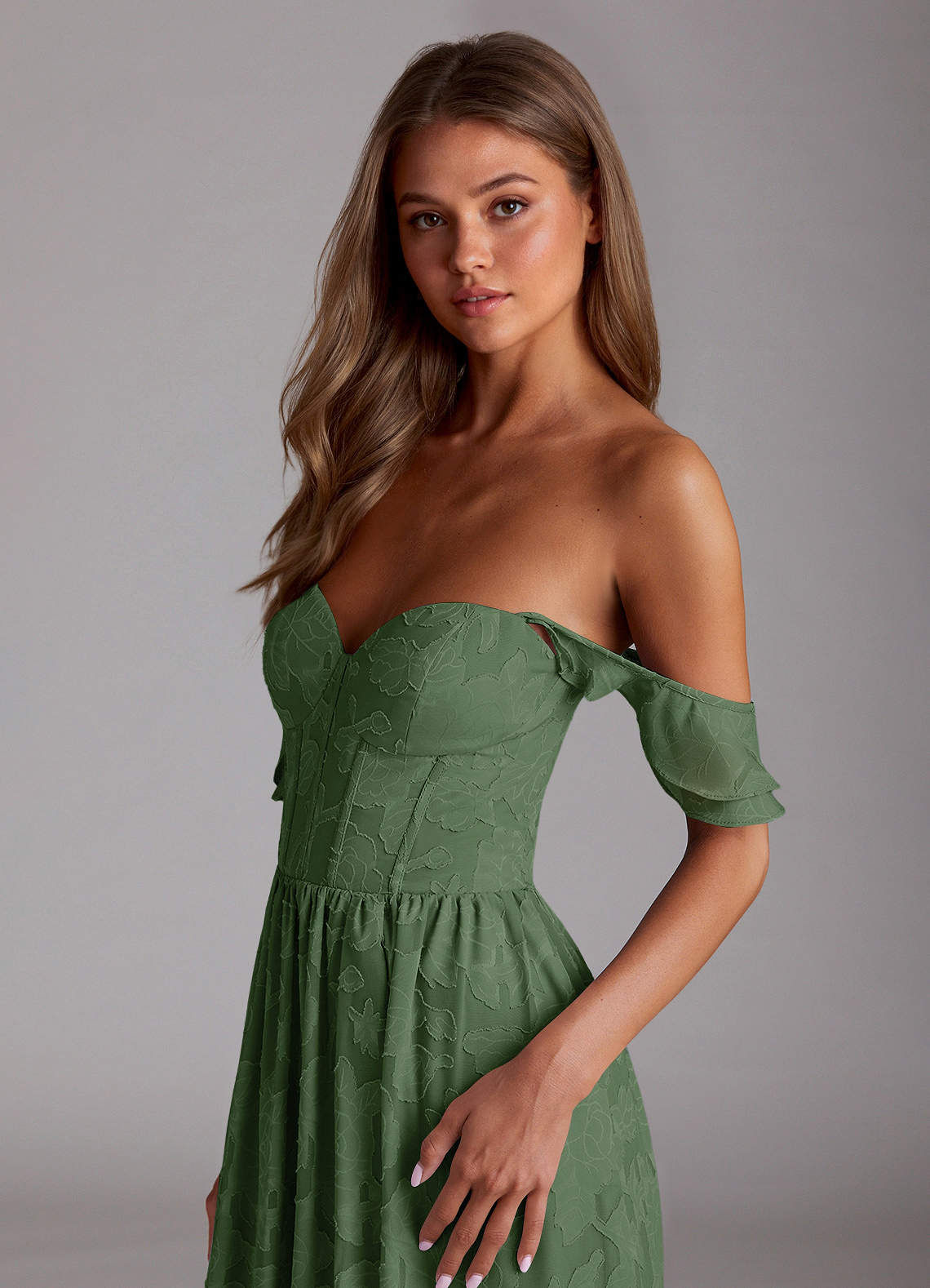 Sorina A-Line Ruffled Floral Burnout Prom Dress in eucalyptus
