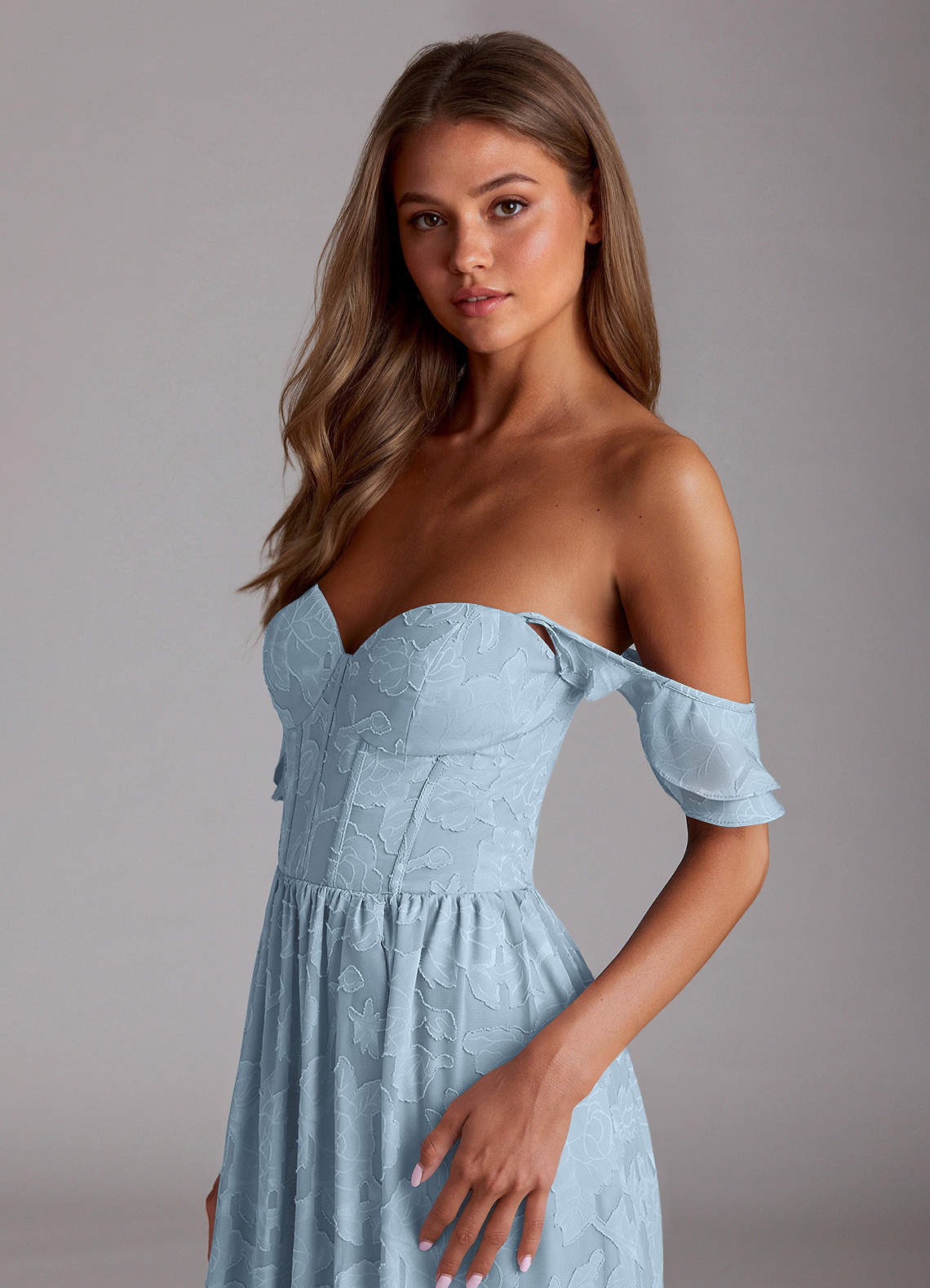 Sorina A-Line Ruffled Floral Burnout Prom Dress in Sky Blue