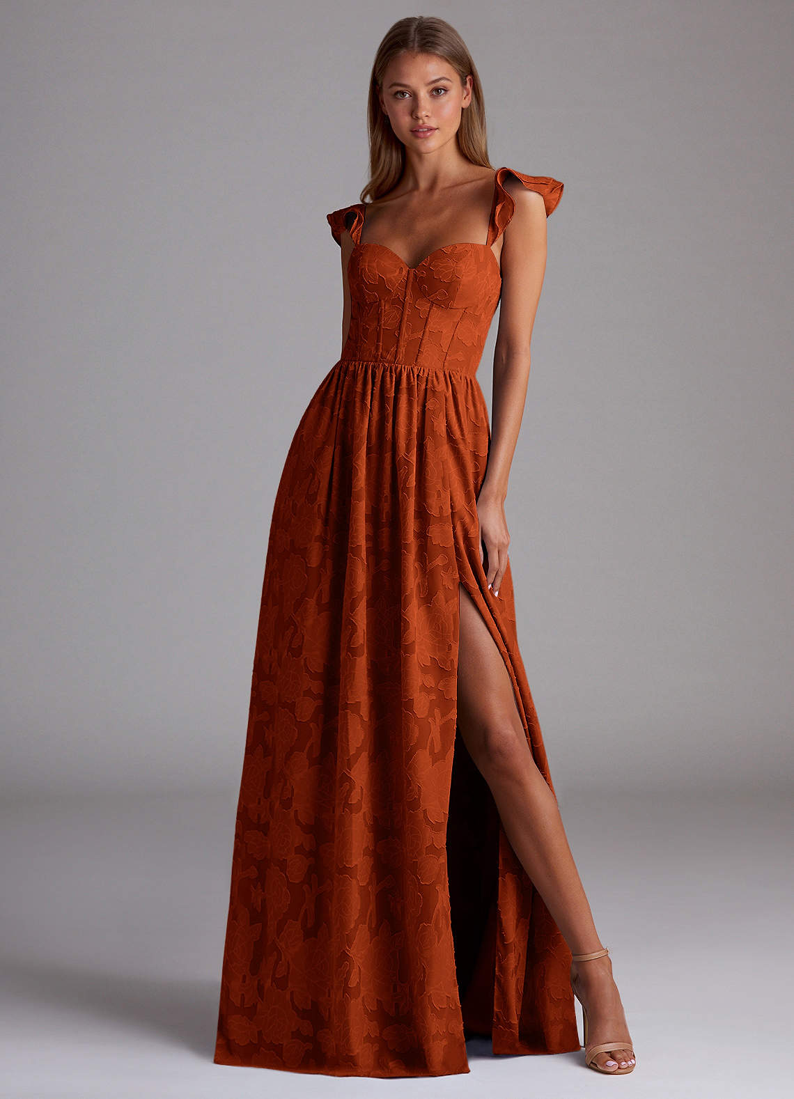 Sorina A-Line Ruffled Floral Burnout Prom Dress in Paprika