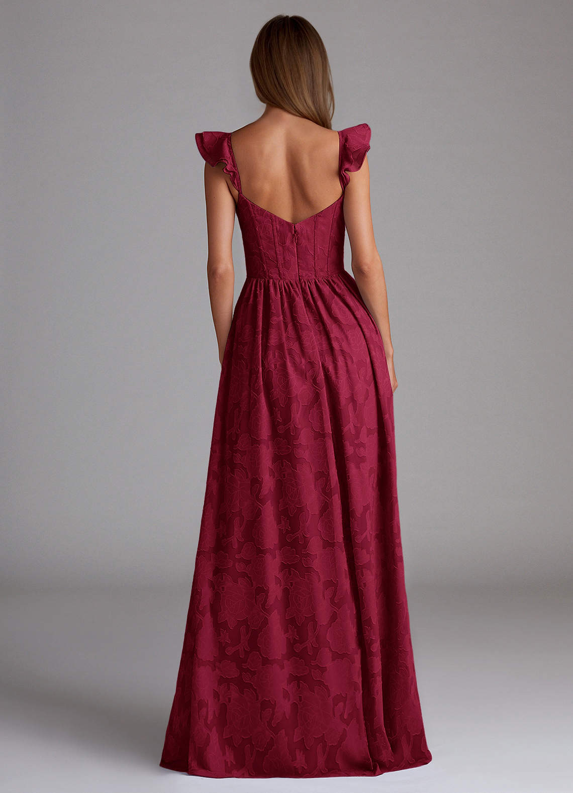 Sorina A-Line Ruffled Floral Burnout Prom Dress in Merlot