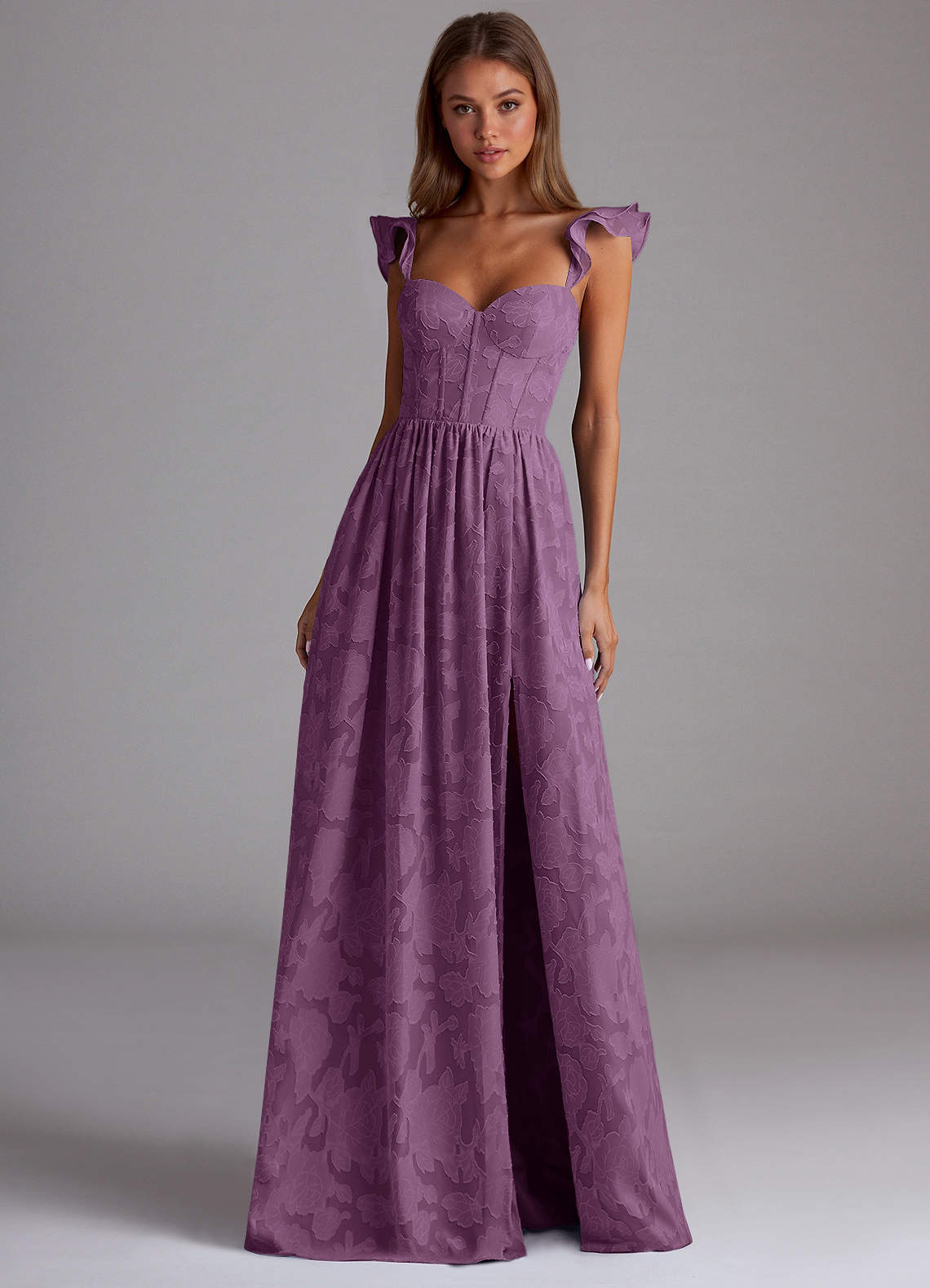 Sorina A-Line Ruffled Floral Burnout Prom Dress in Dusty Pink